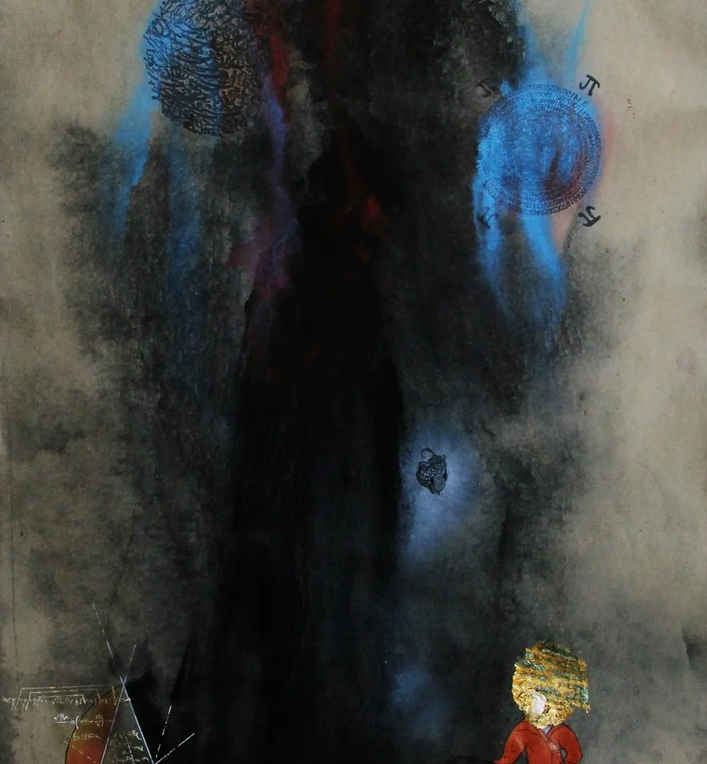 Abstract artwork with dark and vibrant colors, featuring various drawn elements including a woman with curly hair, mathematical symbols, and intricate circles, set against a textured background.