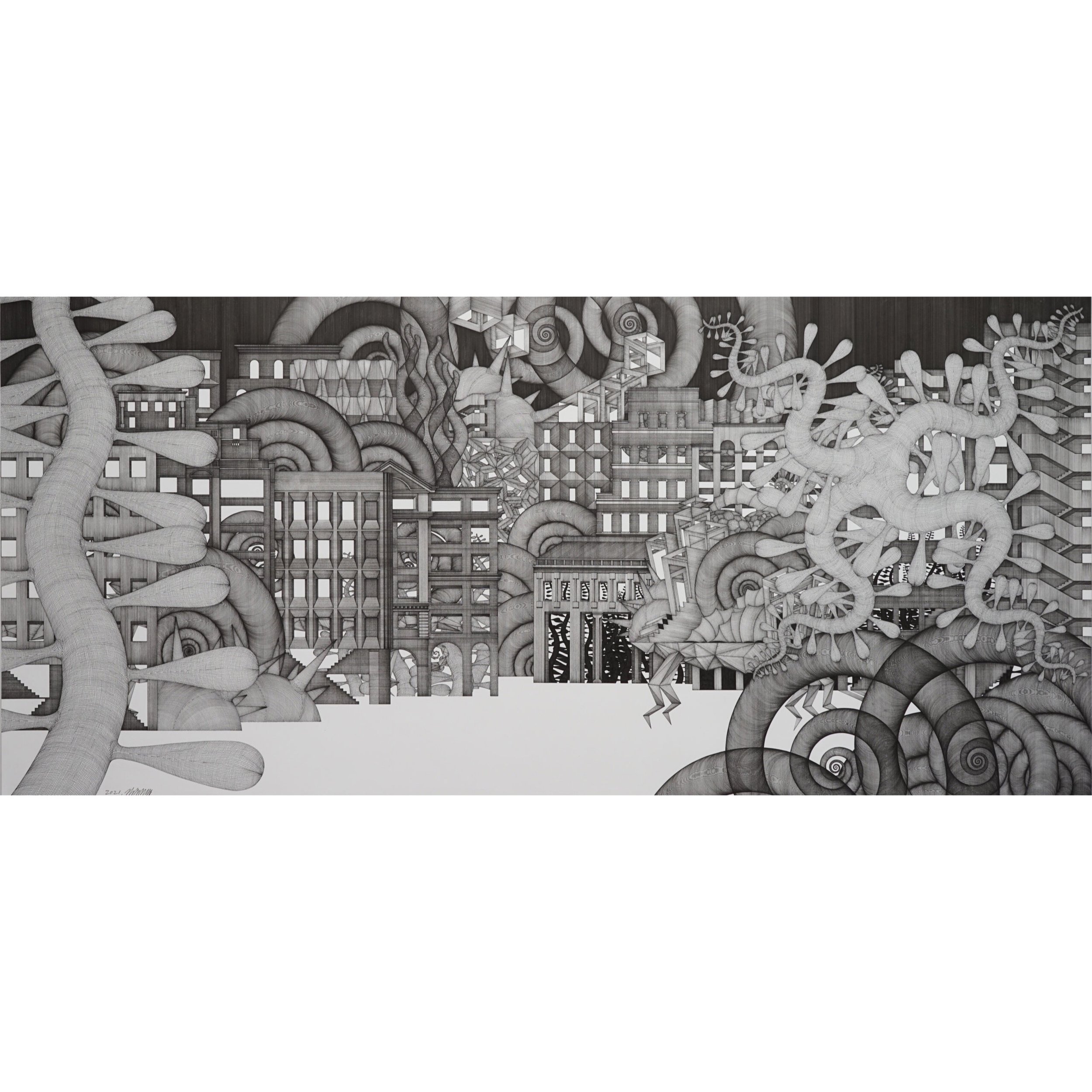  Anxious Dream, Journey to Nowhere #77 
 pen on paper 
 152cm x 70cm, framed, 2021 