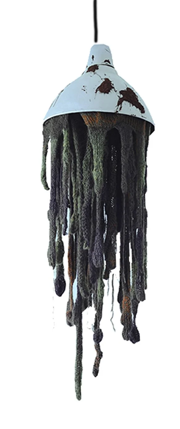  Water Stain-Droplight 
 Cloth, Embroidery, Knitting Wool, and Latex 
 160 x 53 x 53 cm, 2014 
