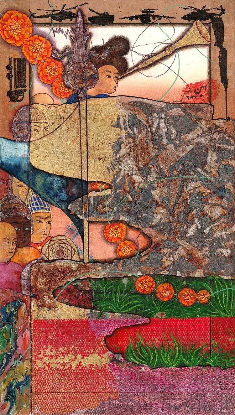 A mural features a woman with dark hair and a serious expression, shooting a large gun. Surrounding her are various people with diverse expressions and clothing, as well as vibrant orange flowers, lush green plants, and an abstract background with te