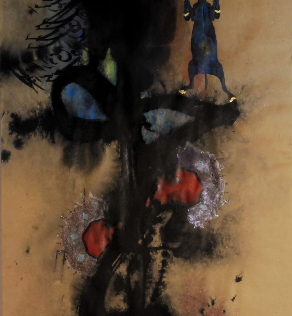 Abstract artwork with dark, black splashes, blue shapes, and two red areas on a brownish background, featuring a figure standing upside down at the top.