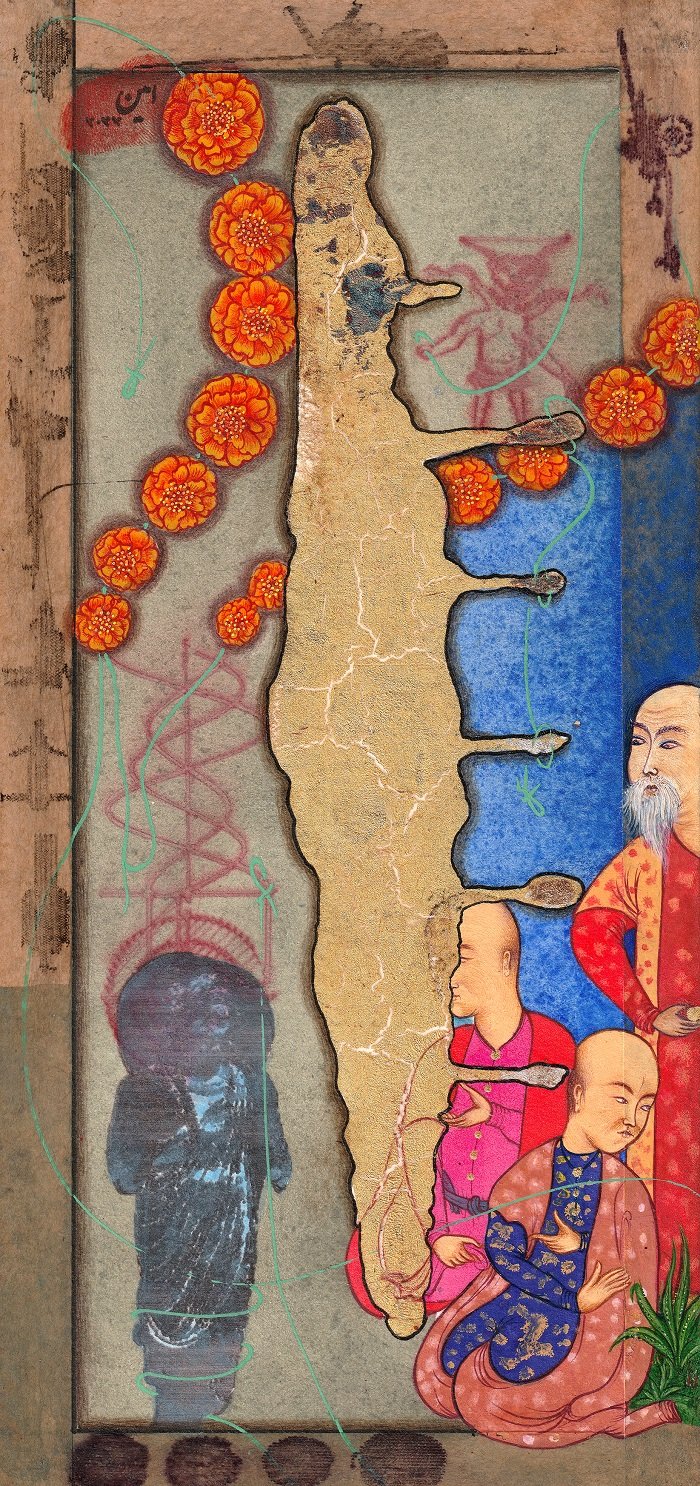 A traditional Asian art piece featuring a central cracked scroll or parchment, with portraits of Buddhist monks or elders in colorful robes at the bottom. Surrounding the scroll are vibrant orange marigold flowers and delicate green lines, with a bac
