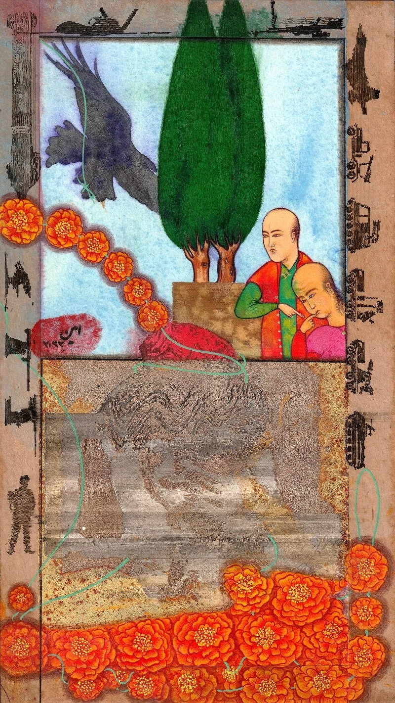 A colorful traditional mural featuring two men, one pointing at the other, with lush green trees, orange flowers, and stylized decorative elements.
