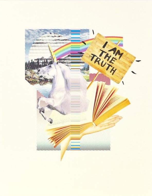 A collage featuring a unicorn, a rainbow, an open book, and a sign that reads "I AM THE TRUTH".