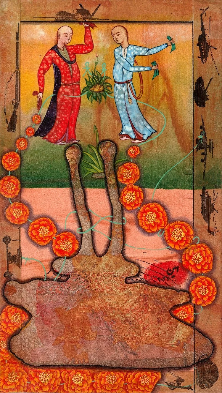 A traditional Asian painting depicts two women planting tulips in a garden. The woman on the left, dressed in red and black, holds a small rake, while the woman on the right, in blue, holds a tulip. They stand amid orange marigold flowers, which are 
