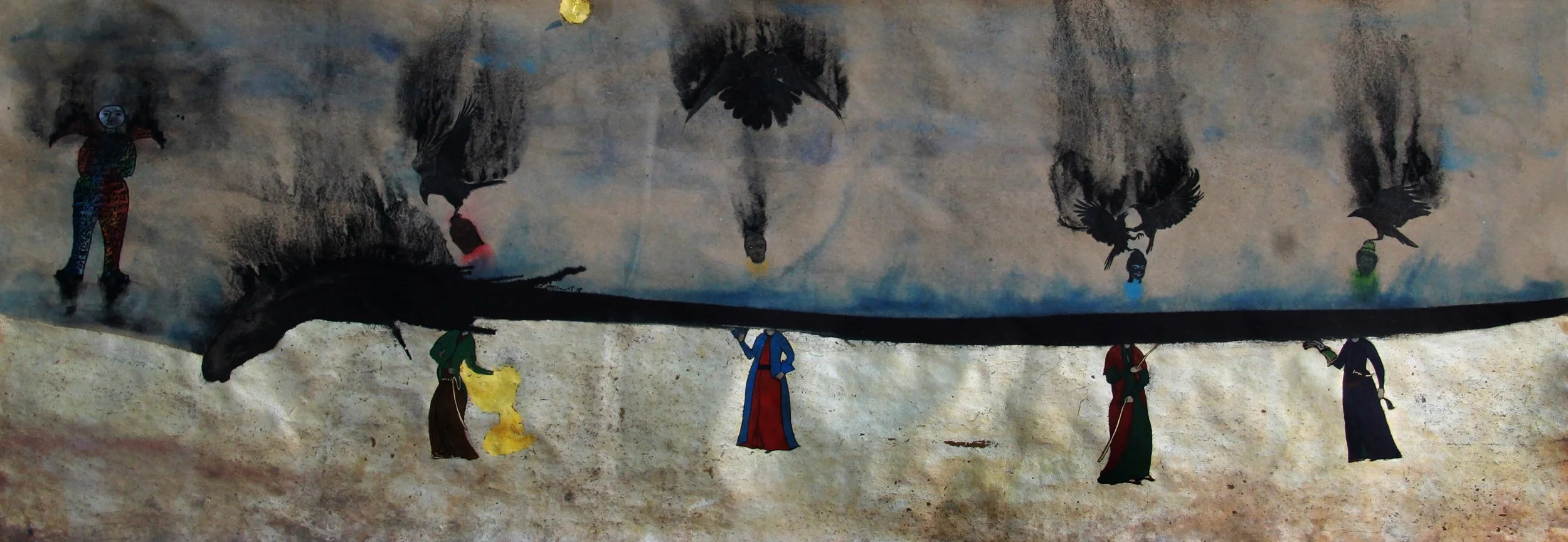A traditional Chinese or Japanese hanging scroll painting depicting a black fish, possibly a koi, with people dressed in colorful traditional clothing standing underneath or around it. Some figures are holding lanterns, and the background appears to 