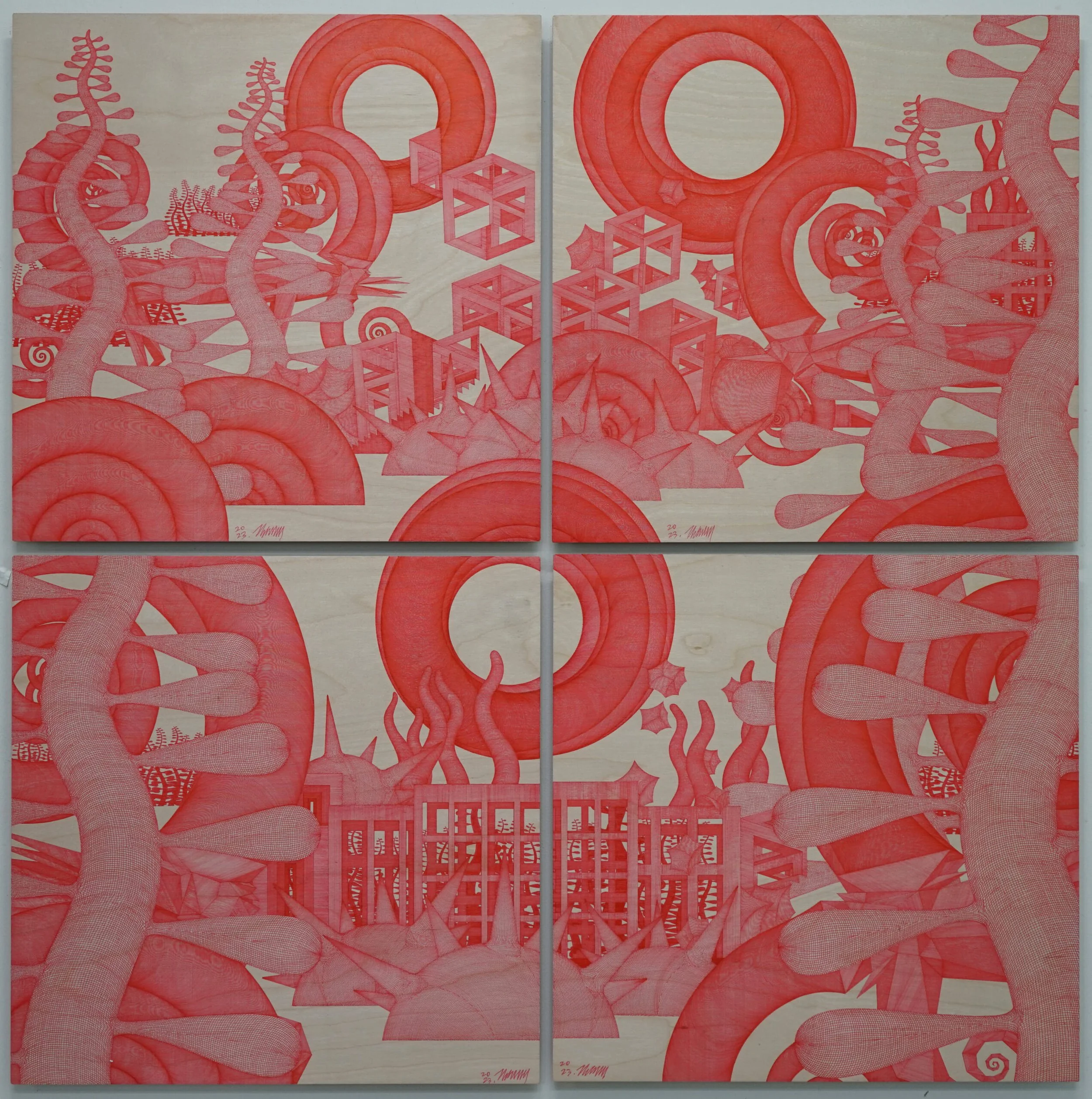  Midsummer Day's Dream #133 – 136 
 Pen on birchwood panel 
 2023 