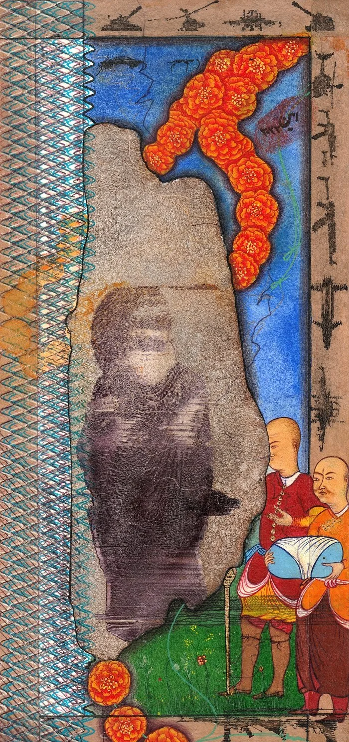 A textured artwork featuring an ancient stone sculpture of a face, overlayed with colorful traditional Asian figures and floral patterns, including orange marigolds and intricate background designs.