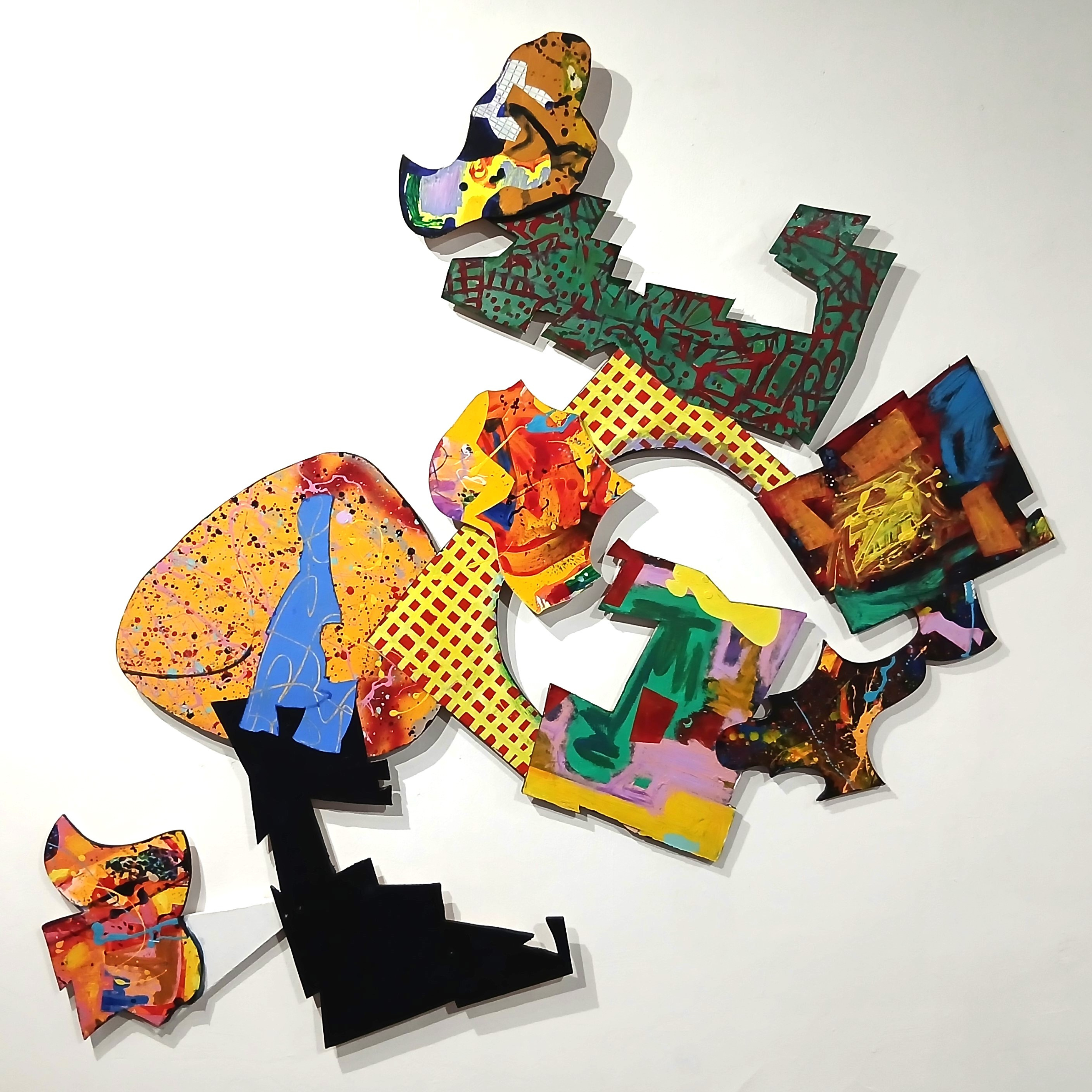  Swerve 
 Acrylic and enamel on canvas and card on wood 
 159cm x 159cm, 2025 
