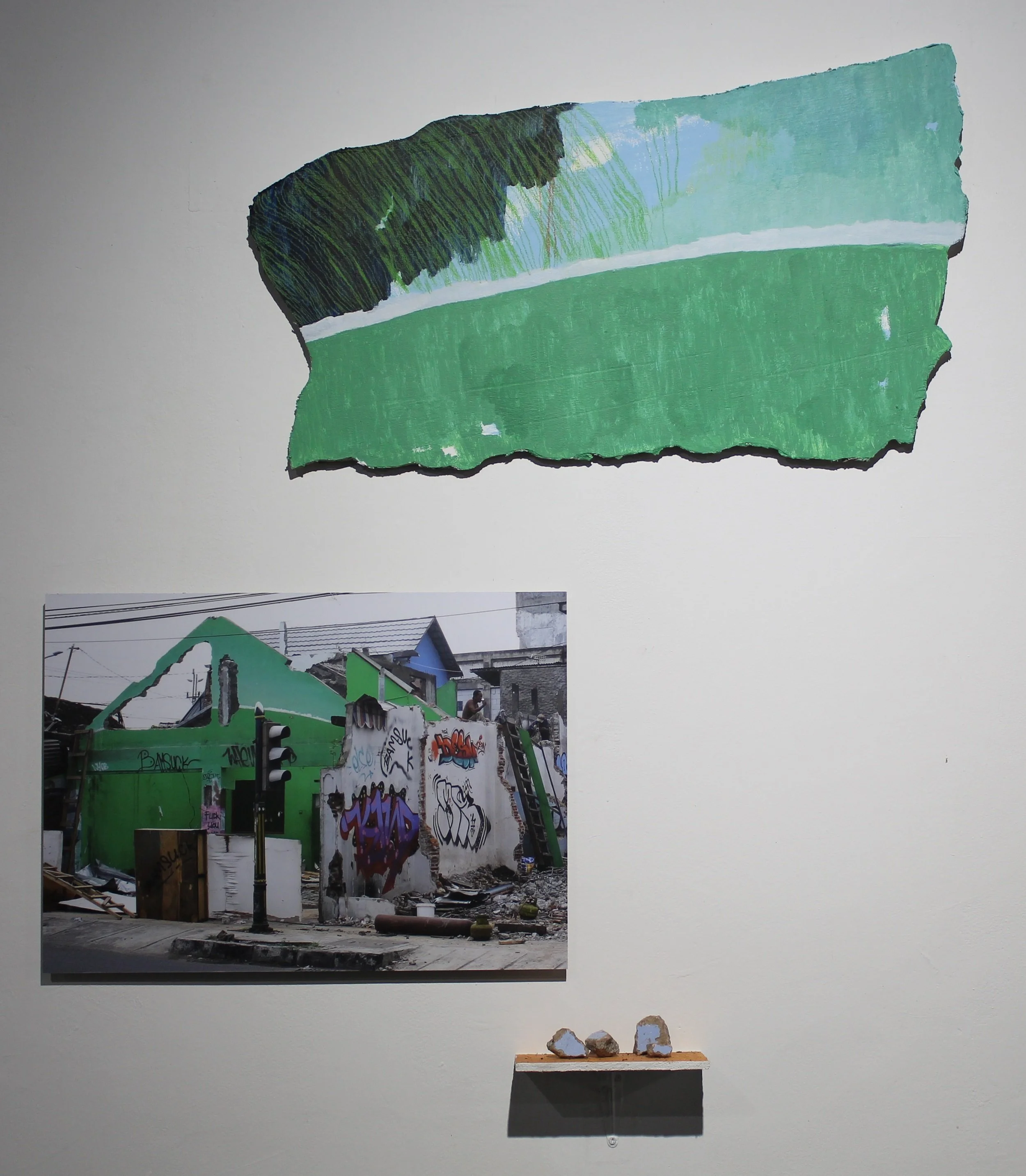  Souvenirs From Yogya (Tamansiswa Street) 
 Pigment print on archival paper on aluminium | Acrylic and cement on plywood 
 42 cm x 58 cm | 50 cm x 80 cm, 2018 