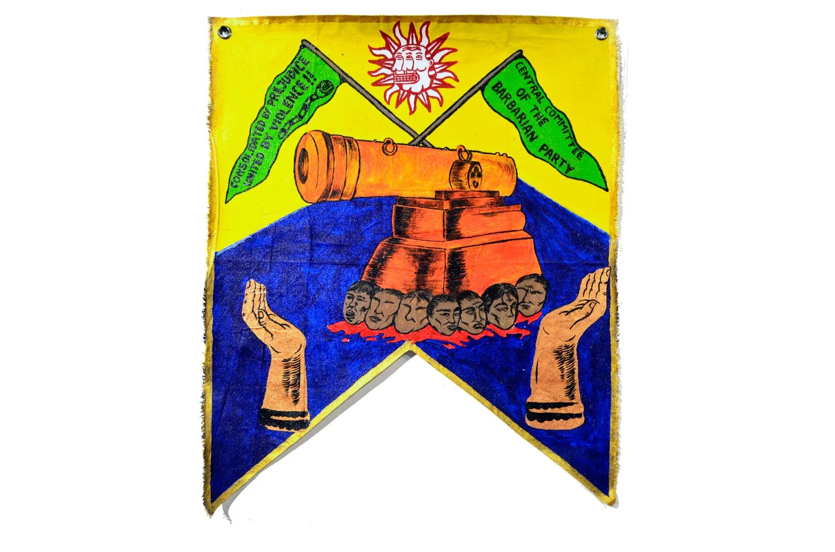 A flag with a yellow and blue background, featuring a cannon on a pedestal, surrounded by seven faces of people emerging from water, with two hands beneath the water. Above, there are two green flags with black text and a red sun with a face.