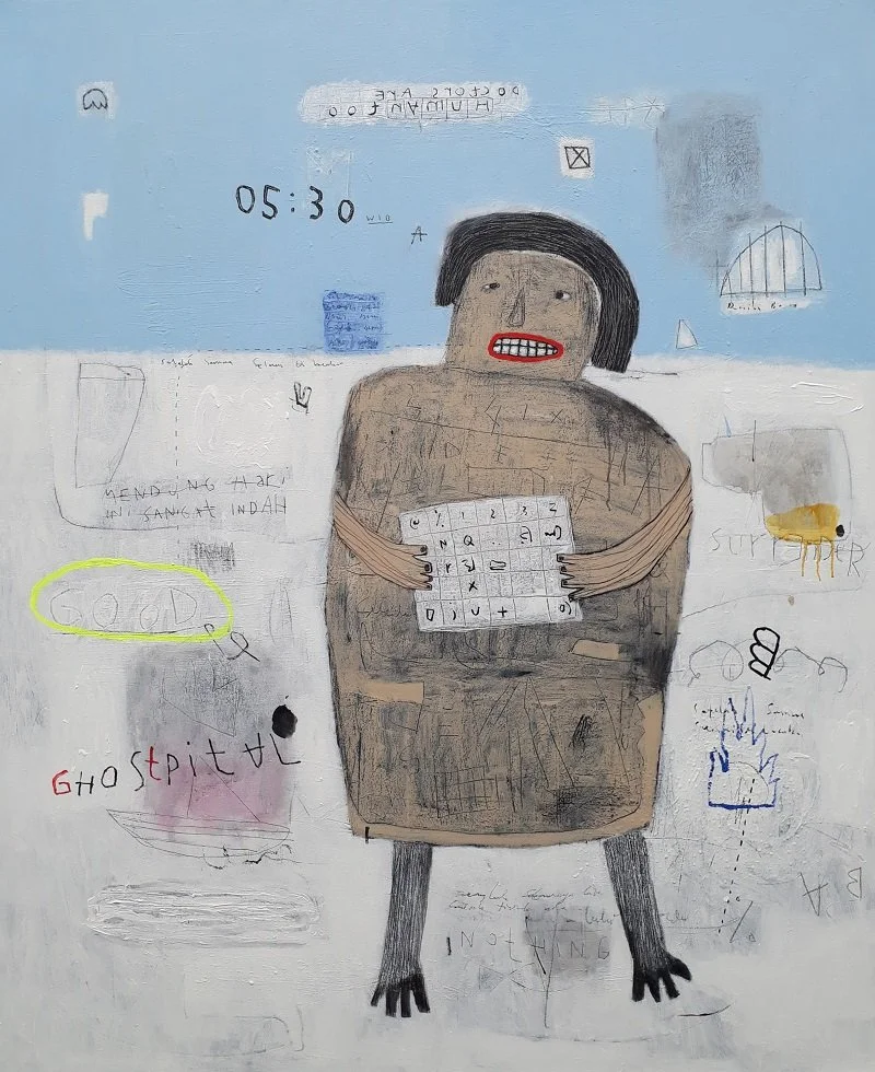  05.30 W.I.B 
 Acrylic, pencil, marker on canvas 
 2023 