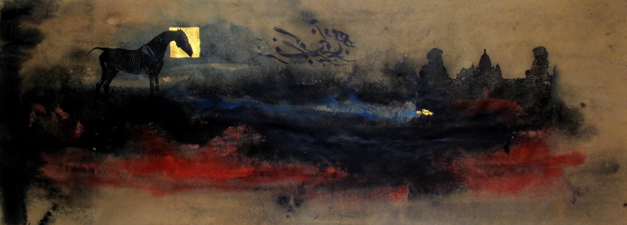  Why Abstain 
 Watercolor, acrylic, ink, gold on paper 
 45 cm x 120 cm, 2017 