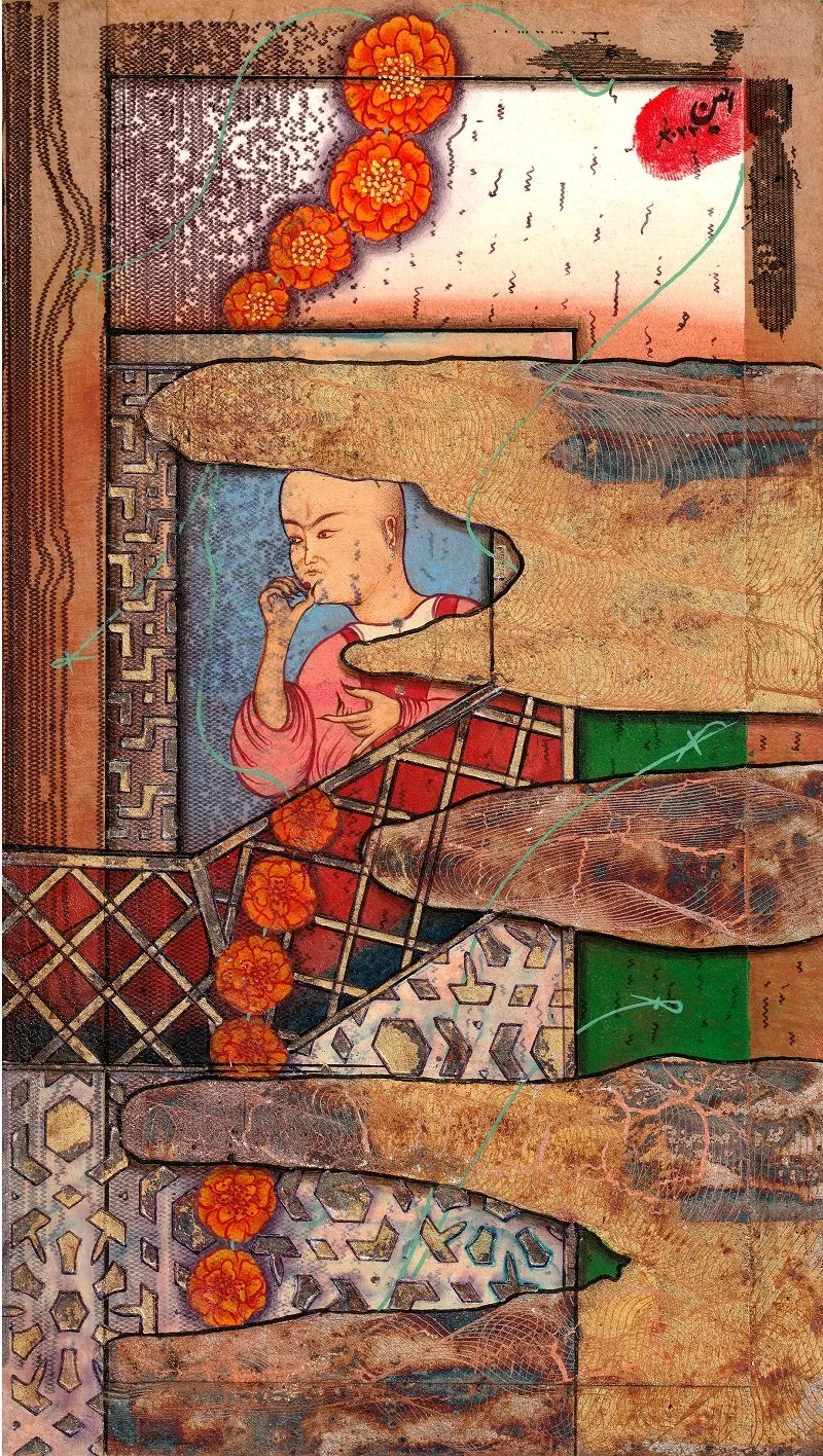 A collage featuring a child's portrait in a window-like frame, with an oversized hand and fish elements, combined with floral and pattern designs in warm tones of orange, brown, and beige.