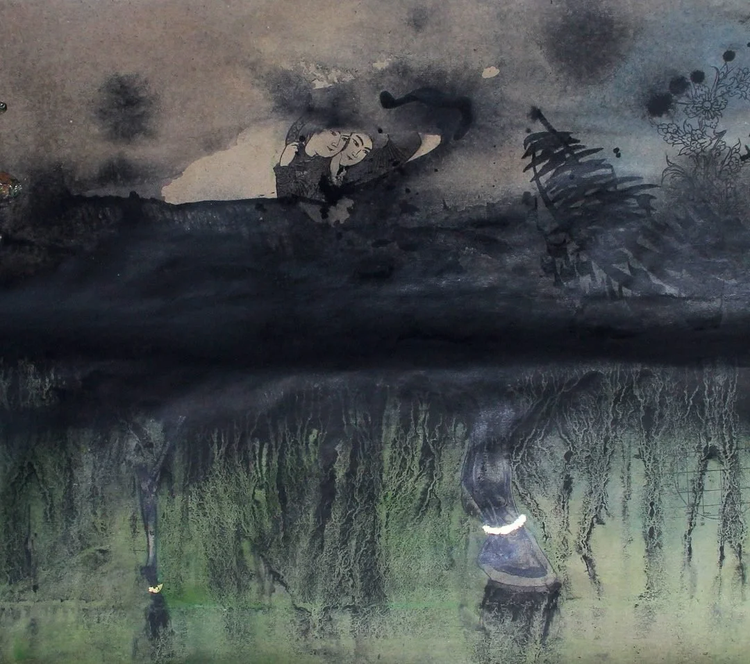 A traditional Asian ink painting featuring two women in the upper section, along with abstract floral and nature designs, and a reflection of a landscape with trees and a person in a boat in the lower section.
