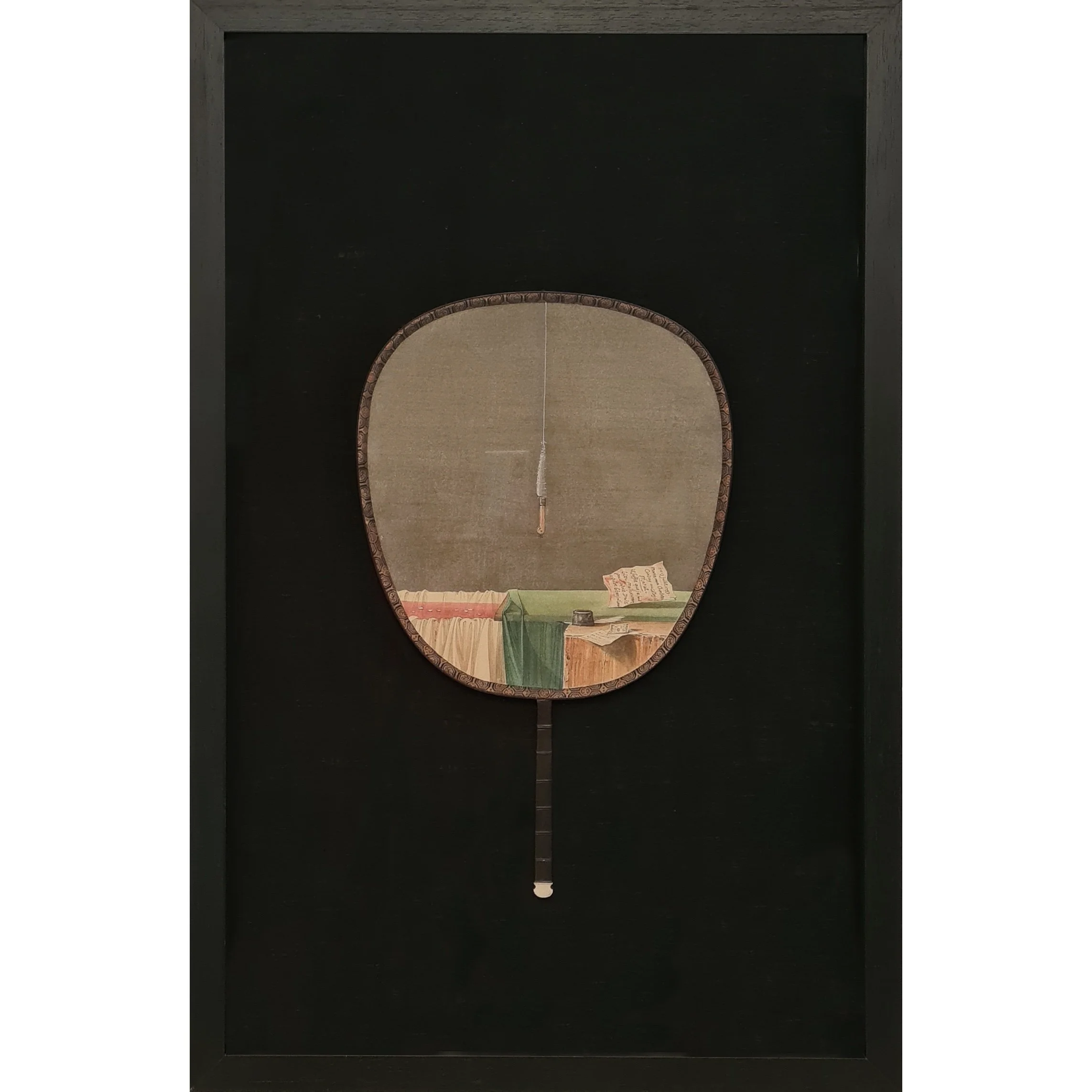  Goodbye Meret 
 Ink and colour pigment on silk fan 
 54.5 x 84.5 cm, 2016 