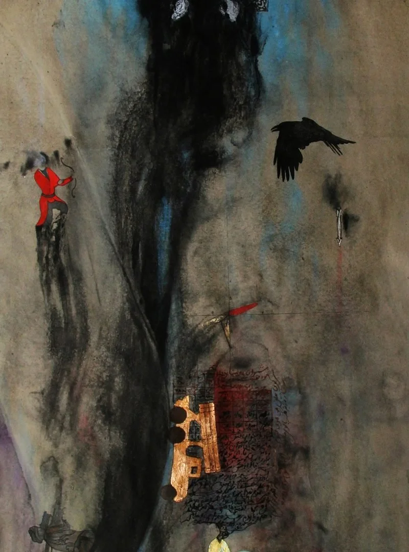 Mixed media artwork featuring a black and gray abstract background with collage elements, including a small red figure, a black bird in flight, a red pen or pencil, and various patches of text and architecture.