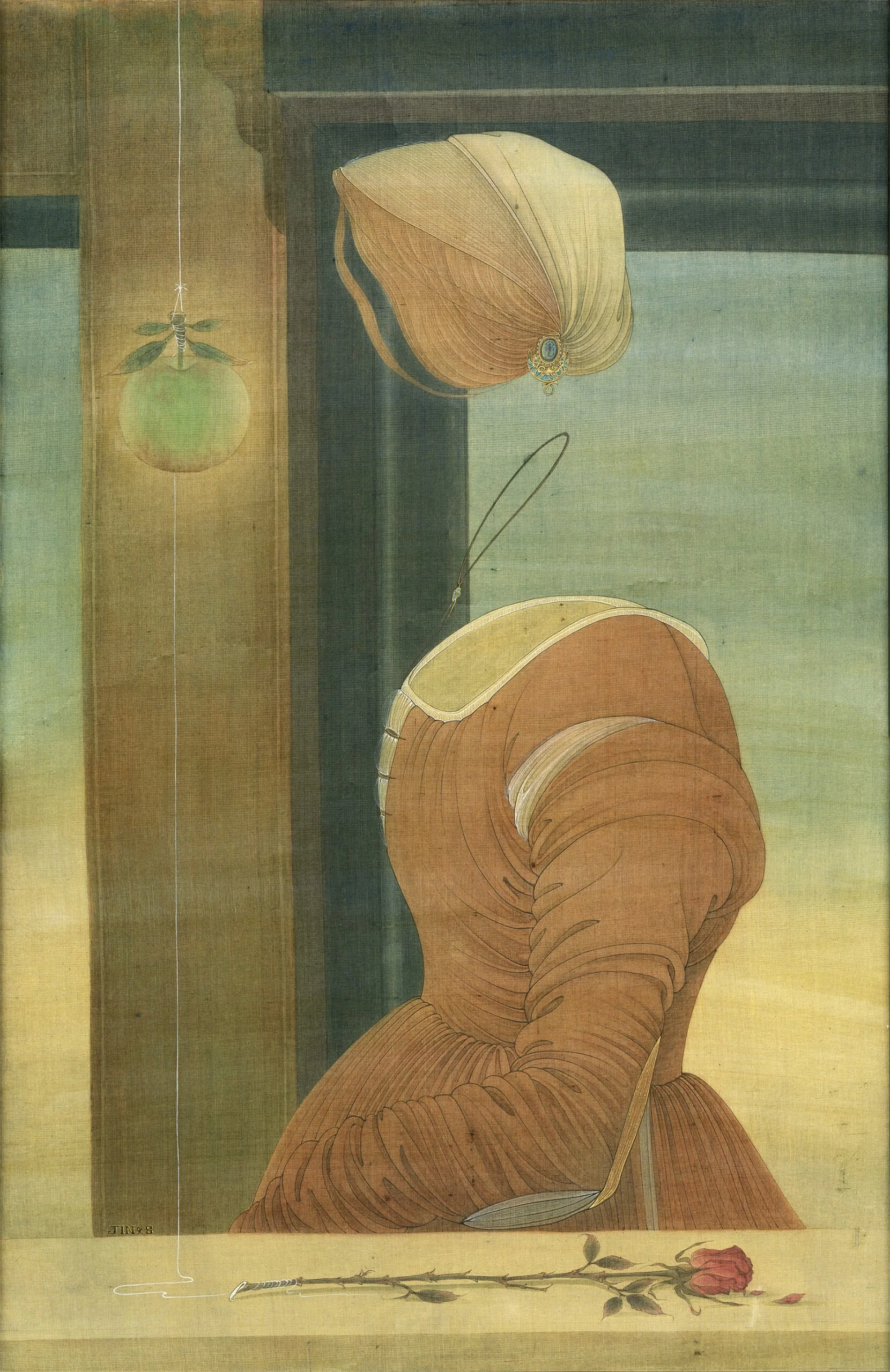  Conversation with Sandro Botticelli 
 Ink & Colour Pigment on Silk 
 74 x 48 cm, 2015 