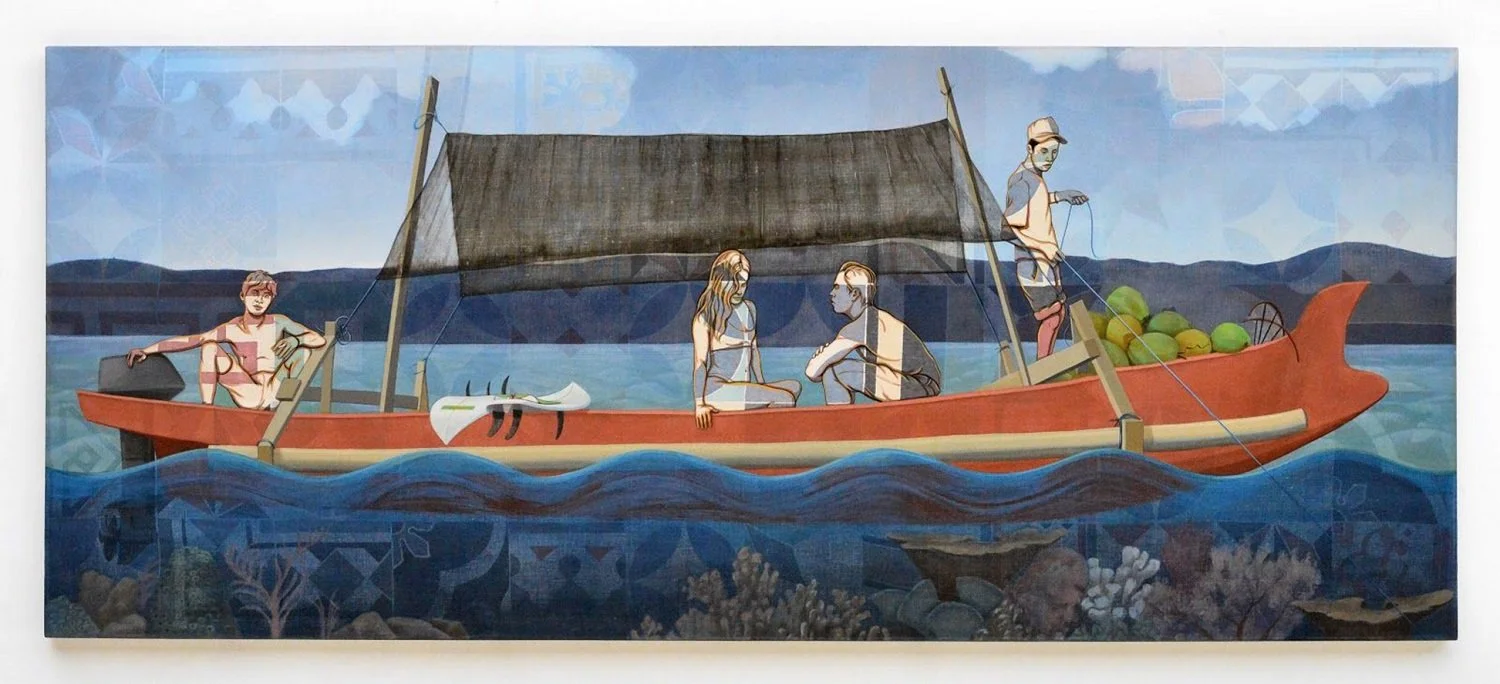 A boat with four people and a dog on a lake, with mountains in the background.