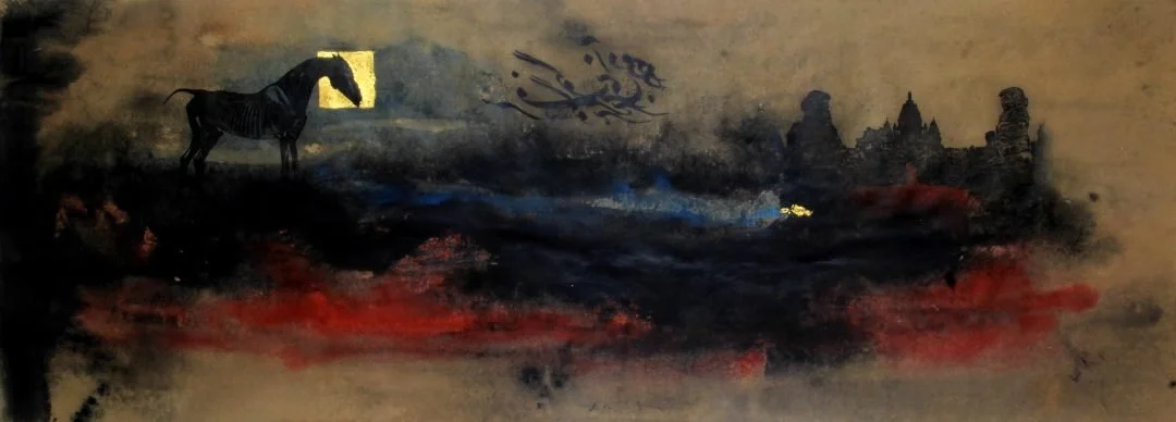 Abstract landscape painting featuring a giraffe silhouette on the left, dark contrasting colors, and distant structures on the right.