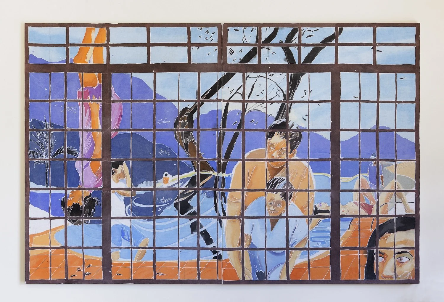 Painting of children playing in a park, viewed through a grid window, with mountains and trees in the background.