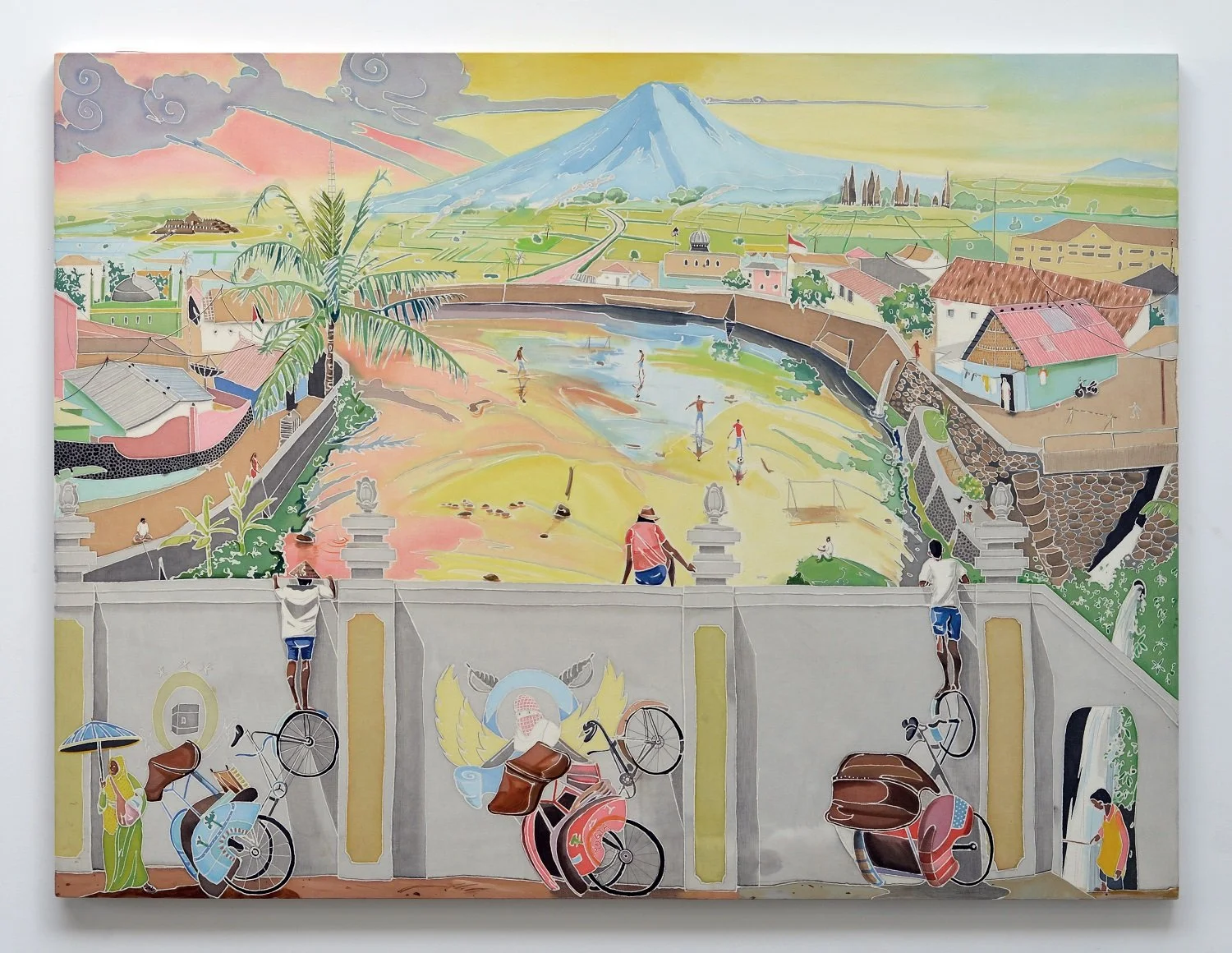 Colorful illustration of a city landscape with a river, mountains in the background, and people on bicycles and walking.