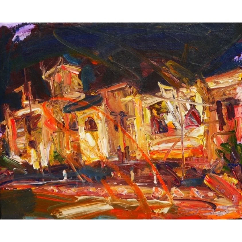  Downtown Old Building at Night 
 Acrylic on canvas 
 Dimensions unavailable, 2019 
