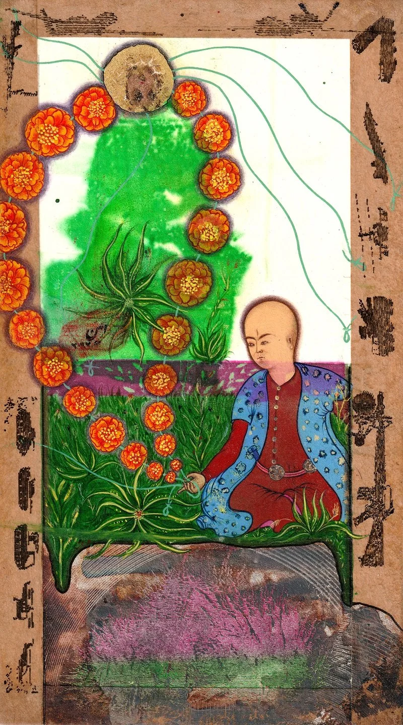 A colorful fabric or painting depicting a person with a bald head sitting on a bench surrounded by orange flowers and green plants, with a background of a green landscape and brown borders.