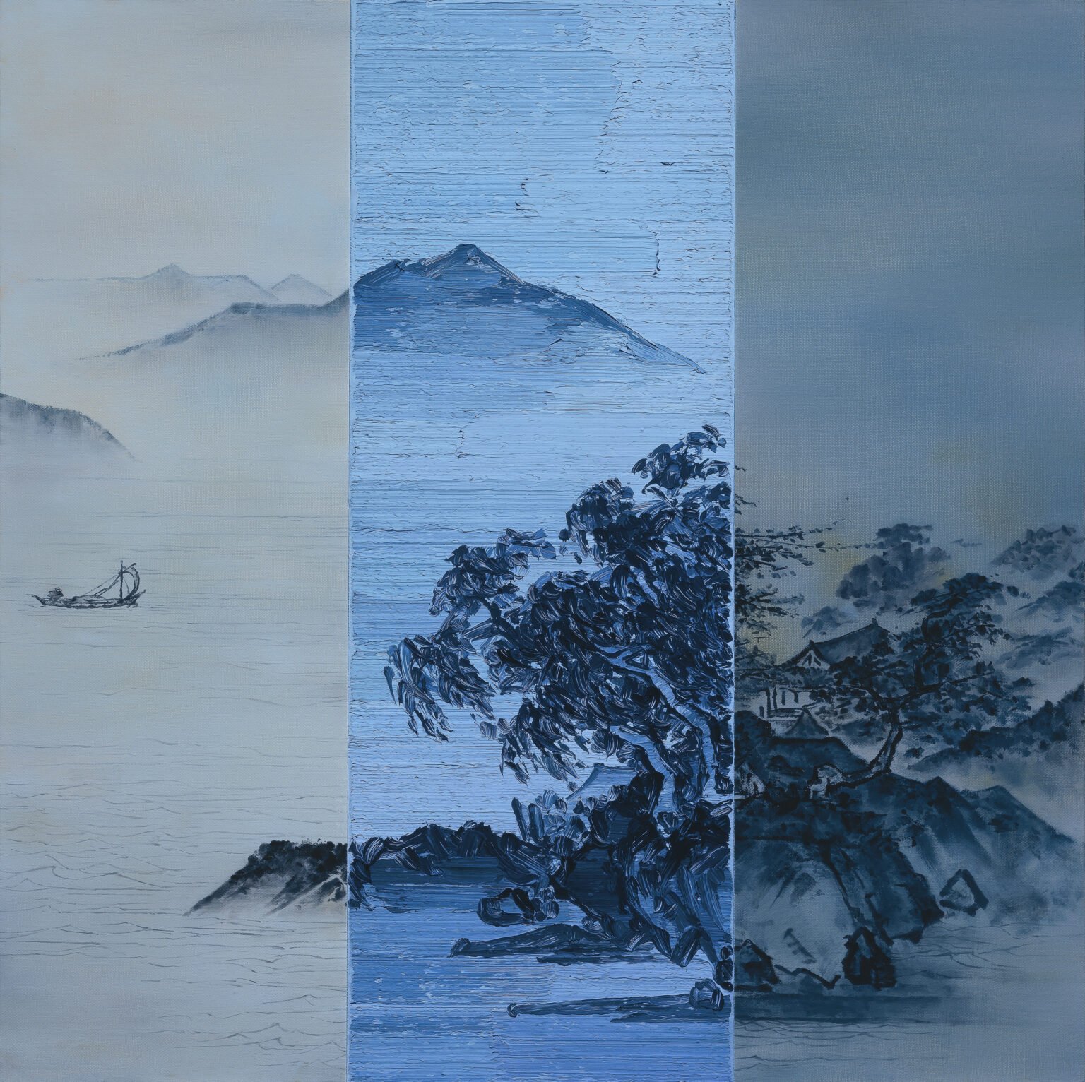 Canoeing with Landscape 
 Oil on canvas 
 80 x 80 cm, 2014 