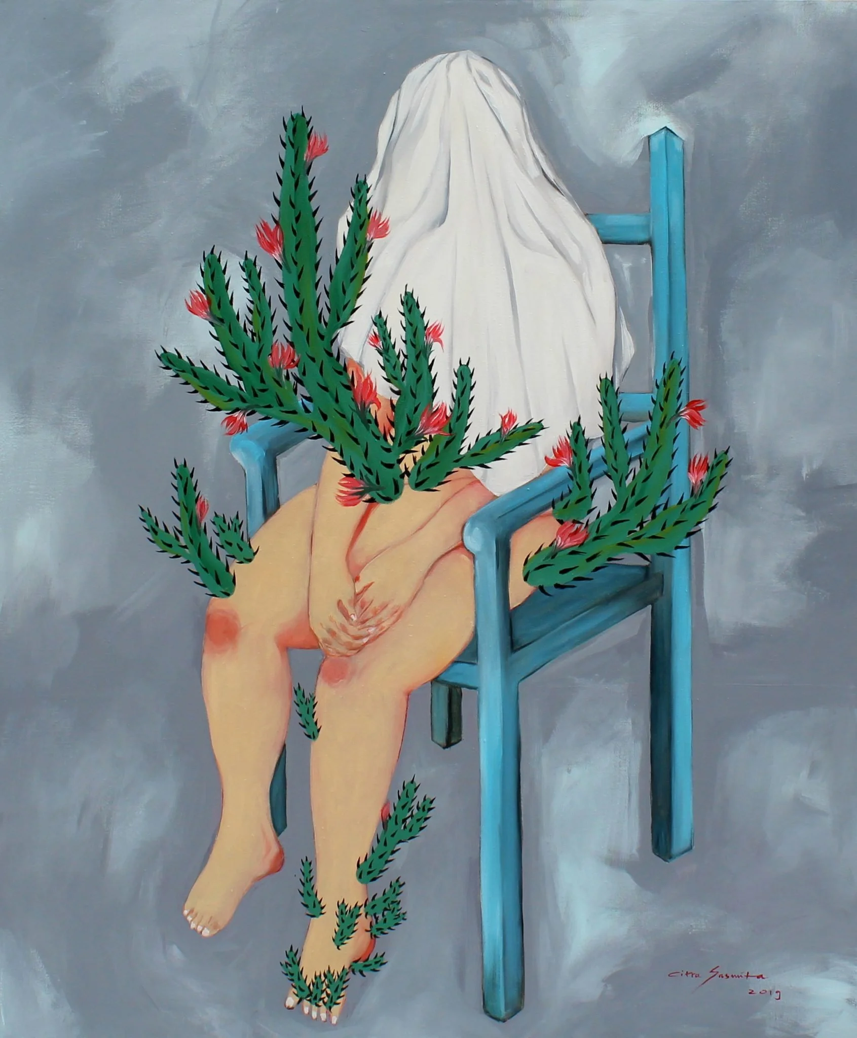 A nude woman sitting on a blue chair with a white cloth covering her head, surrounded by a green cactus with red flowers. The background is gray, and the painting is signed 'Citra Yasinta 2019' in red at the bottom right.