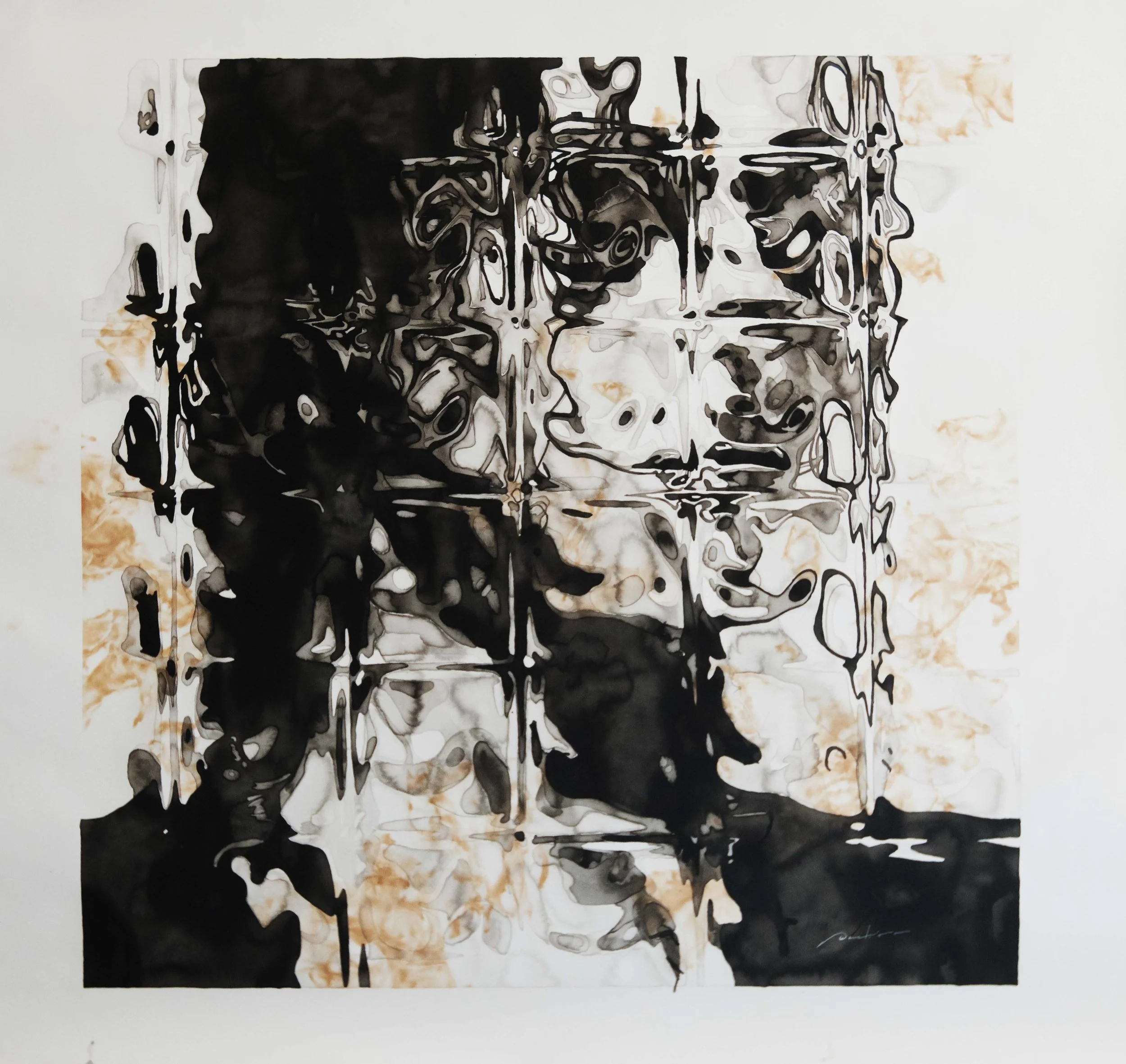 Abstract watercolor painting with black, orange, and brown shades, featuring fluid, swirling patterns and a signature at the bottom right corner.