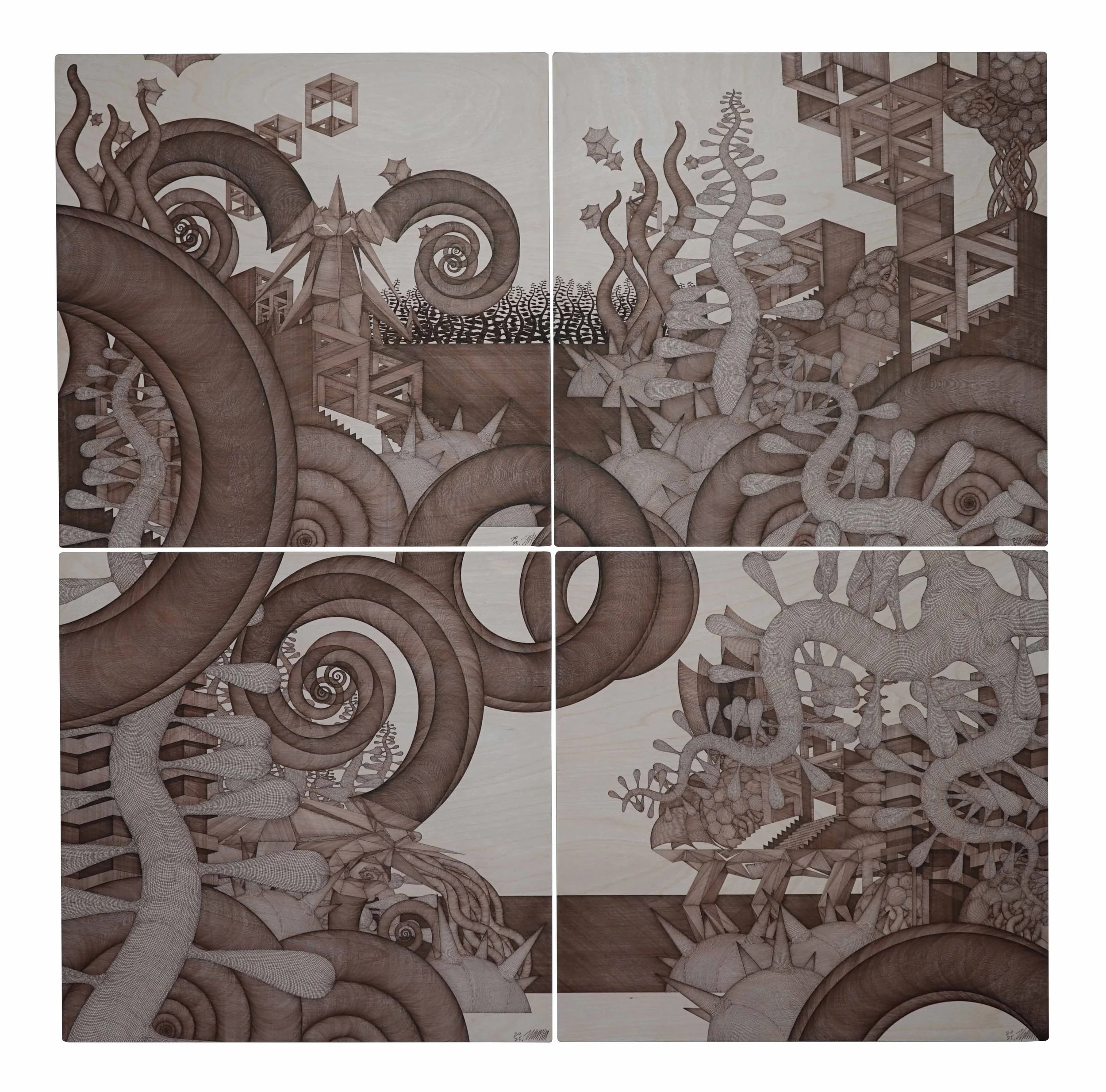  Shape of Anxiety #200, 201, 202, 203 
 Pen on birchwood panel 
 50 x 50cm x 4, 2025 