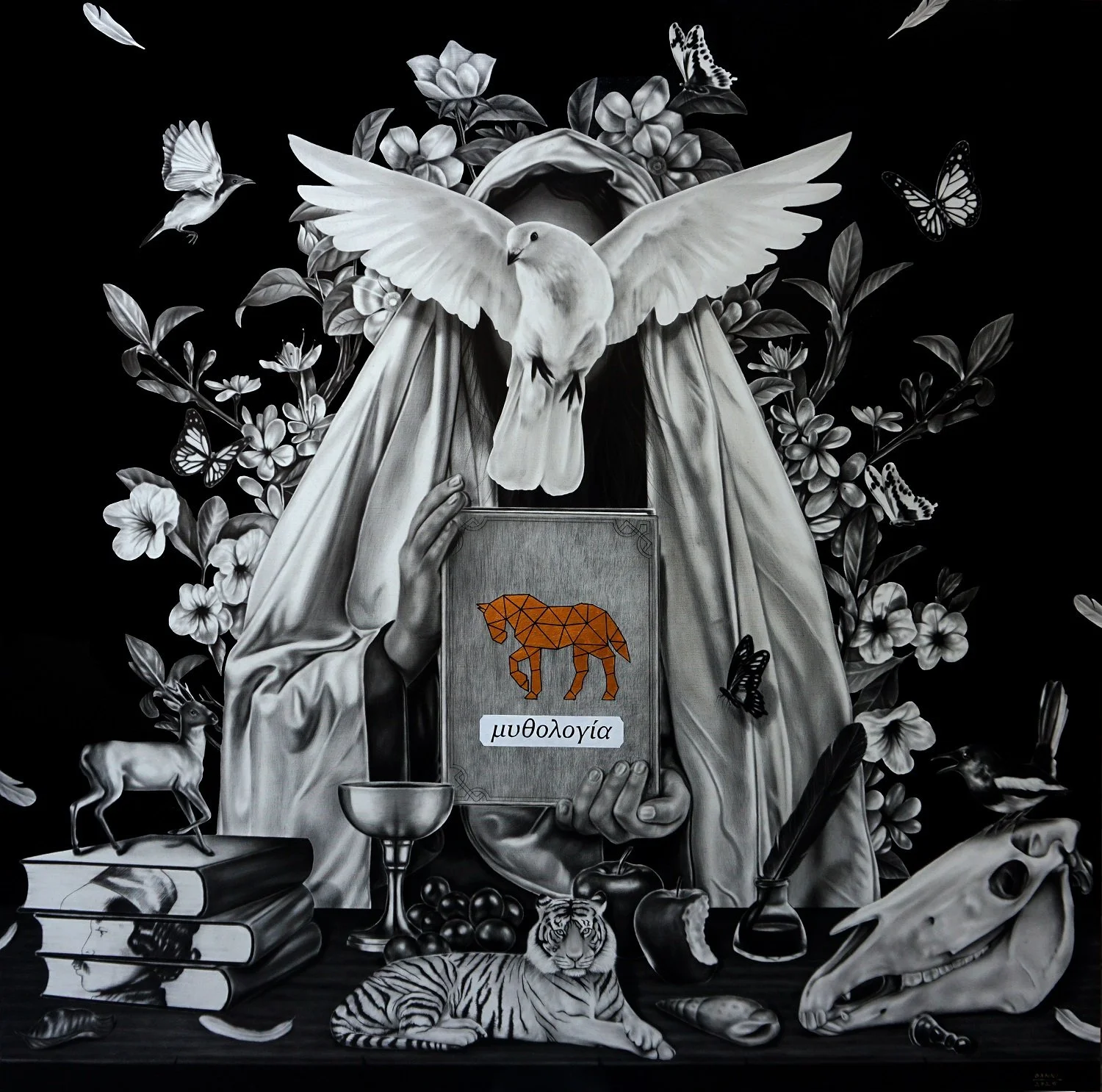 A black and white artwork featuring a person with a dove replacing their head, holding a book marked 'μυθολογία' (mythology). Surrounding them are flowers, butterflies, a deer, a tiger, a skull, and various objects representing knowledge and nature.
