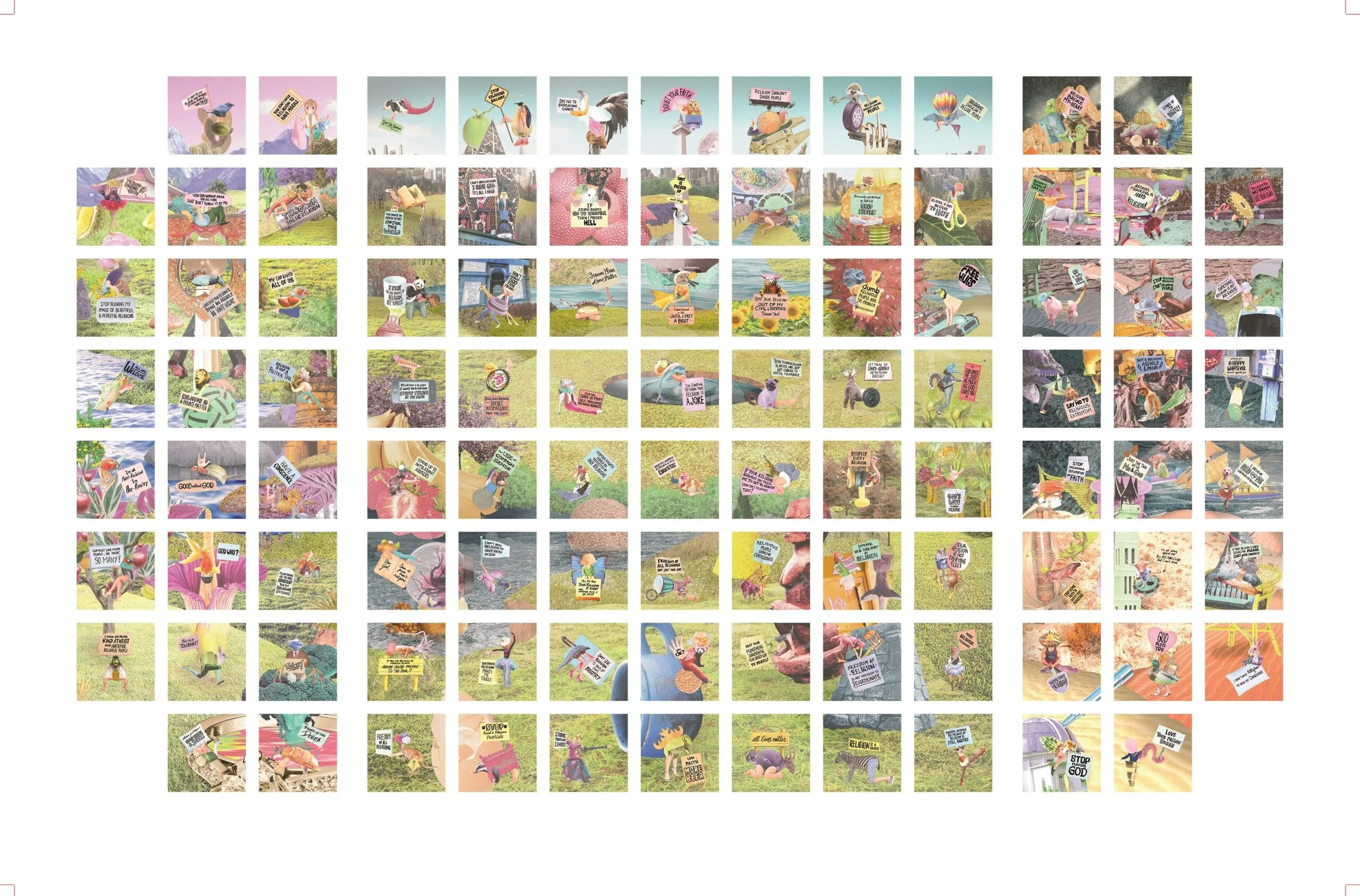 A collage of various cartoon-style illustrations featuring animals holding signs with messages about religion, diversity, peace, and social issues.