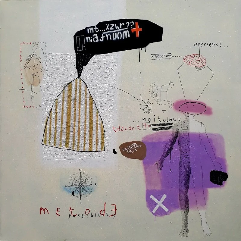  Metode 
 Acrylic, marker, spray paint on canvas 
 2023 
