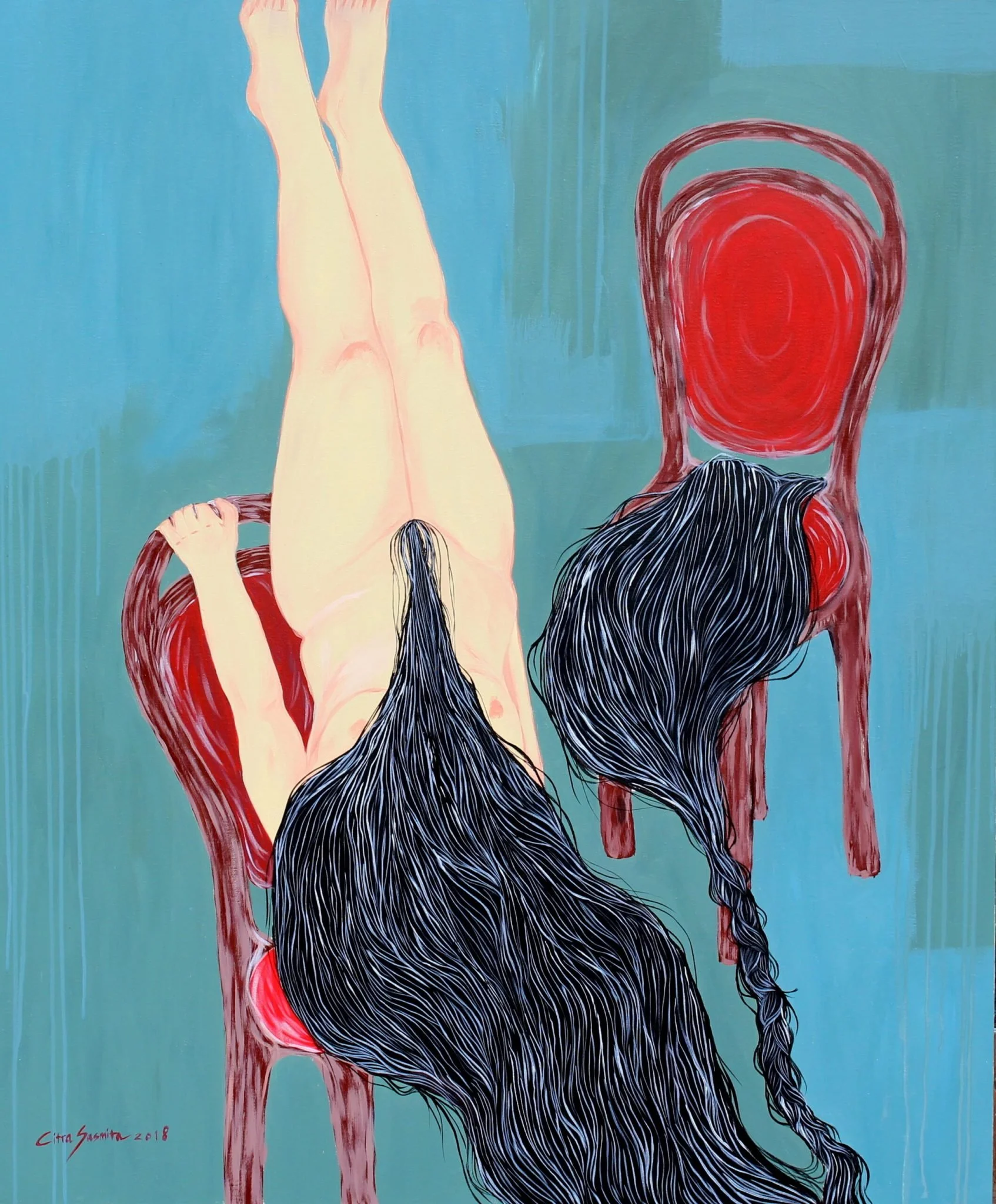 Painting of a woman with long black hair, sitting with her legs extended, next to a red chair. The background is turquoise, and the woman is wearing a black dress with white lines. Signed 'Citra Sasmito 2018' in red at the bottom left.