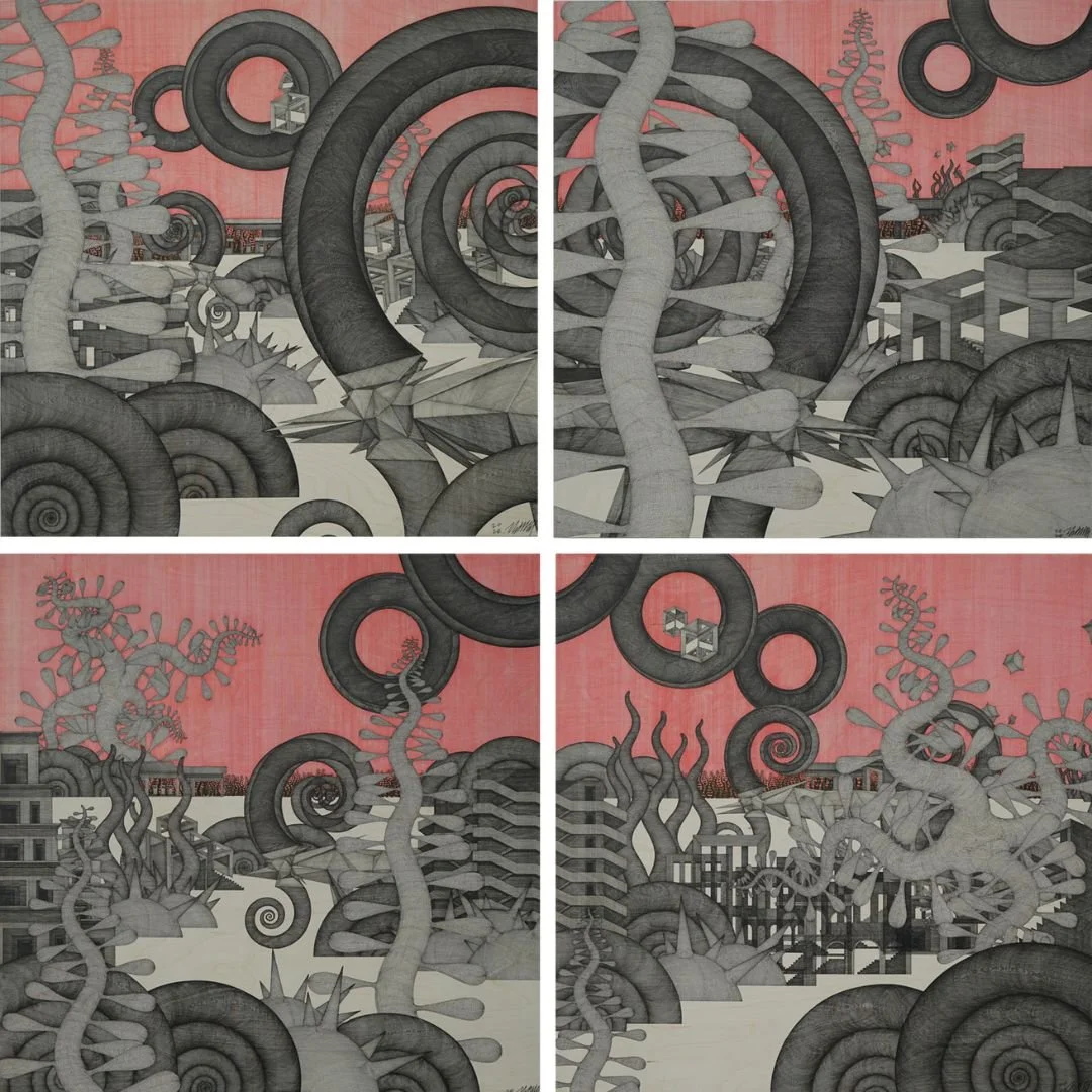  Pajuro 71, #164, #165, #166, #167 
 Pen on birchwood panel 
 2024 