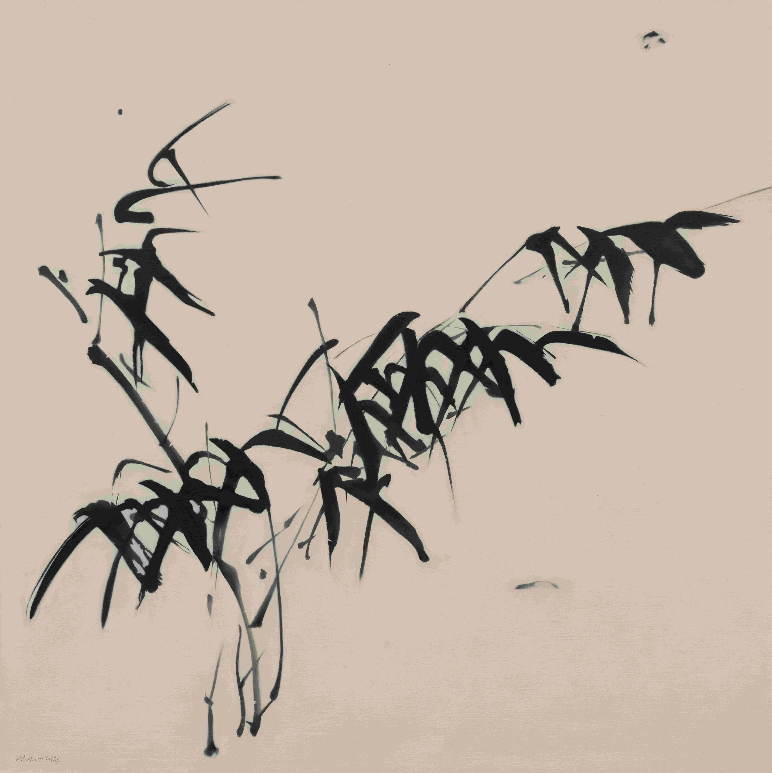  Bamboo Orchids and Stones 
 Oil on canvas 
 100 x 300 cm, 2009 