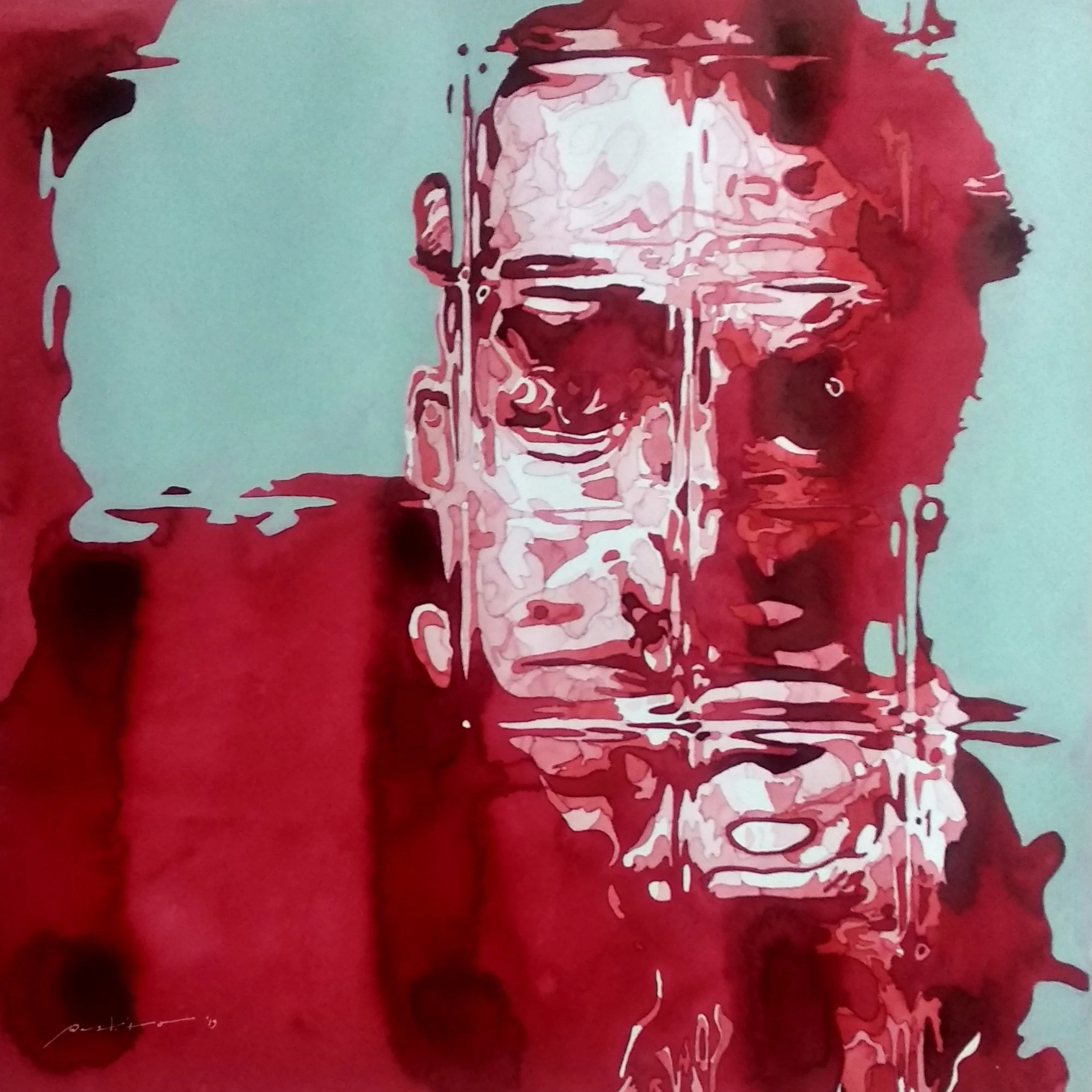 A close-up watercolor painting of a person's face wearing glasses, with red and pink tones dominating the image, set against a light blue background.