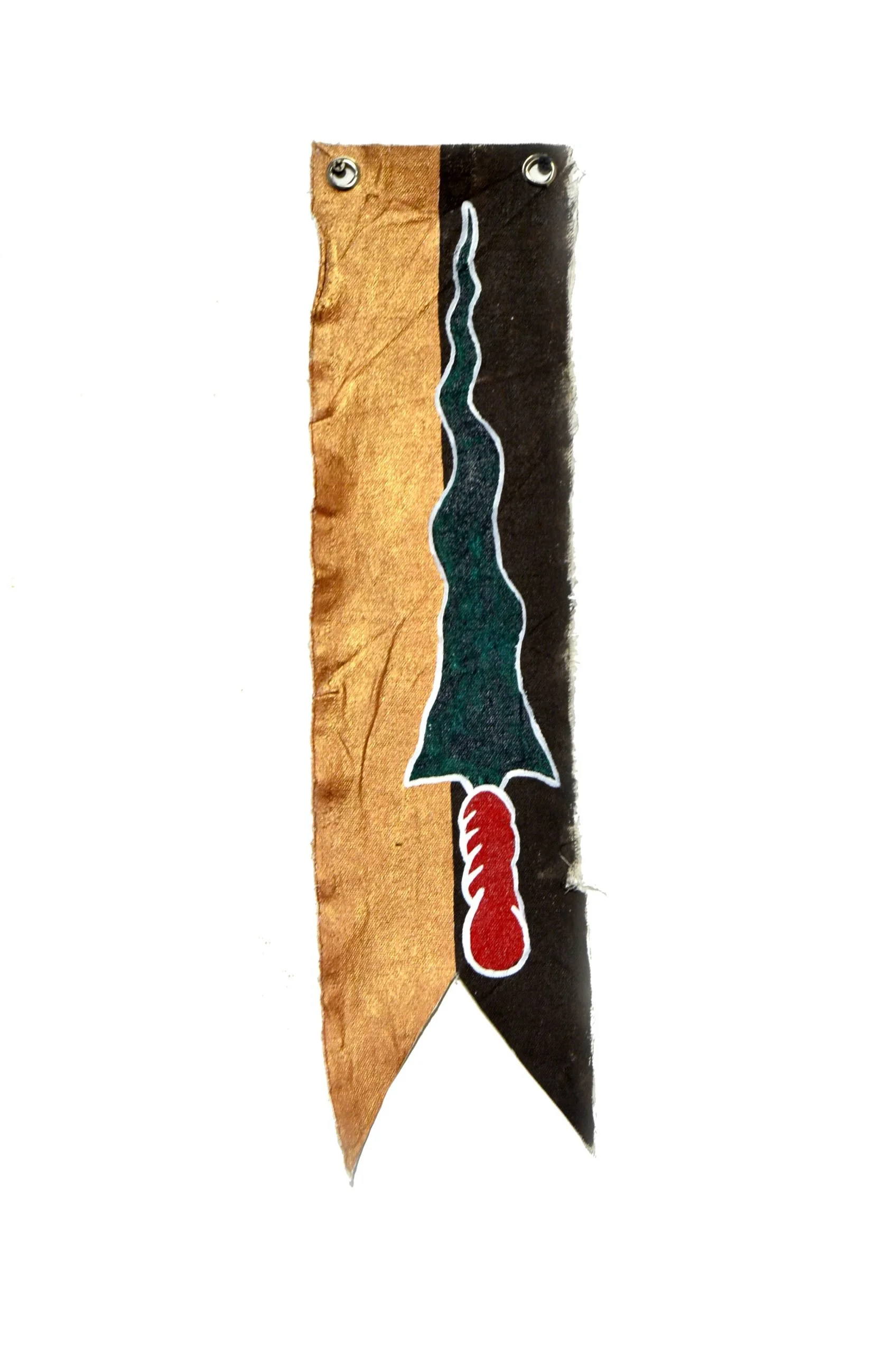A cut-out image of a matchstick with a wavy green line in the middle, a yellow-brown side on the left, a black side on the right, and a red tip at the bottom.