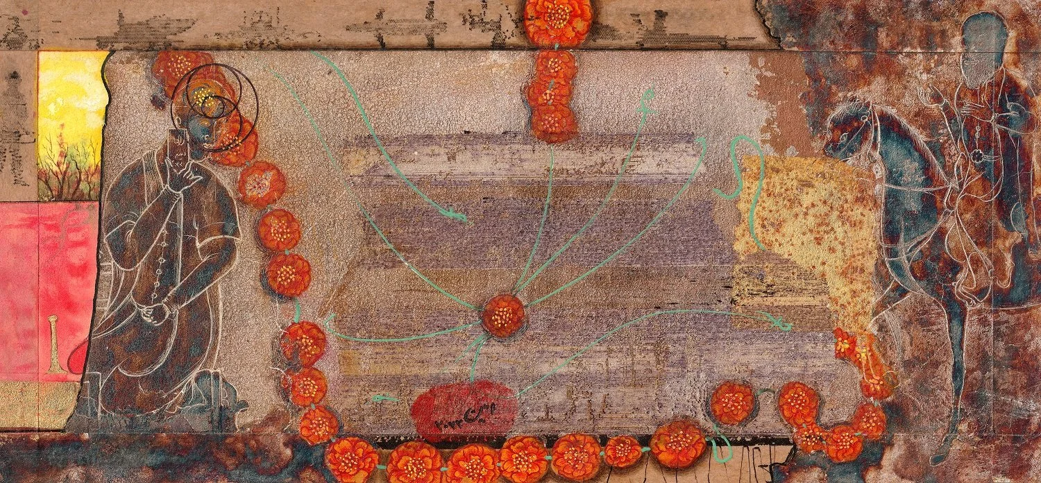 Abstract artwork featuring two sketched figures, one on each side, with interconnected lines, orange floral shapes, and textured background elements.
