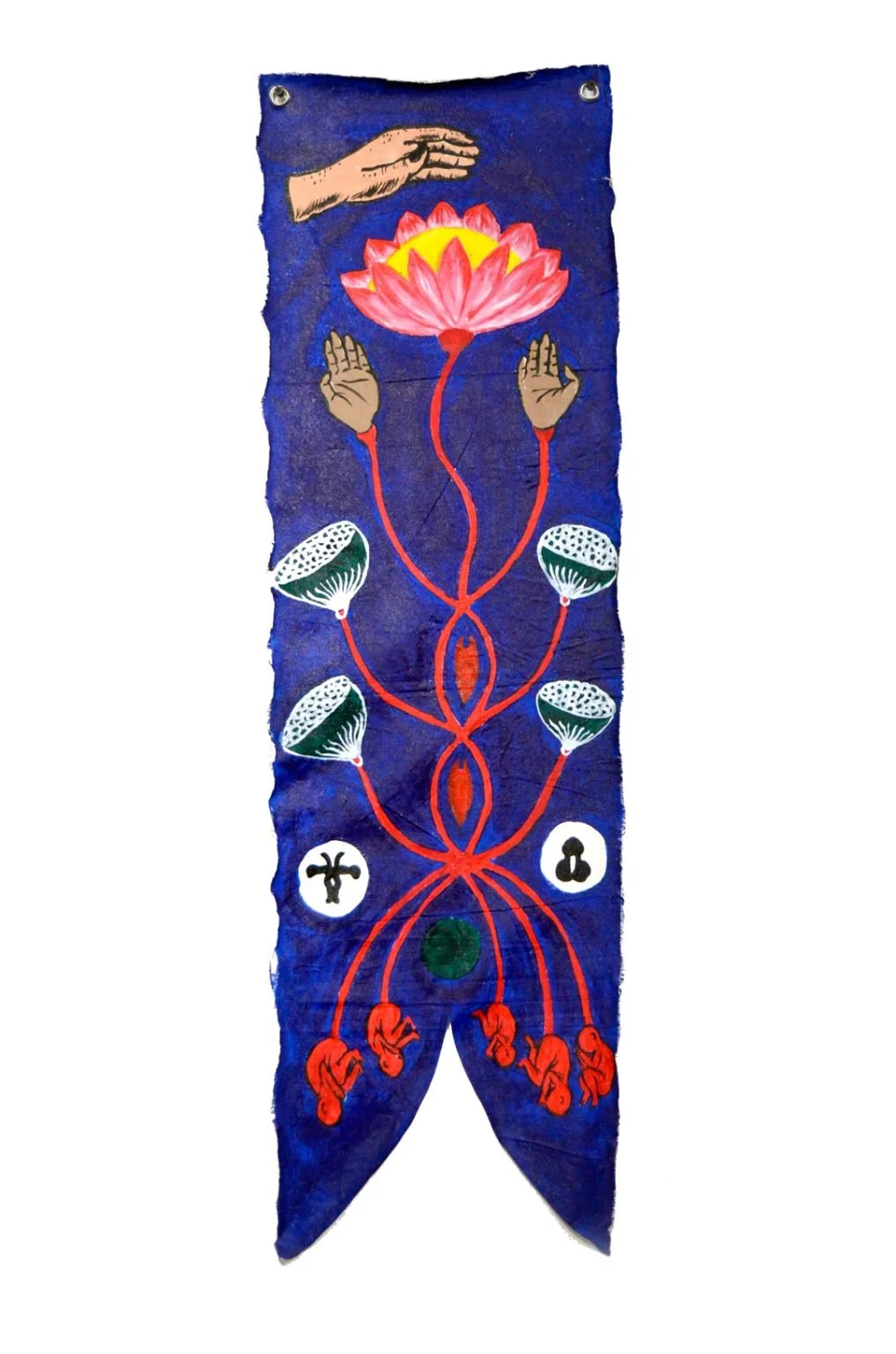 Colorful fabric hanging with a hand, lotus flower, and vines with other flowers, set against a blue background.