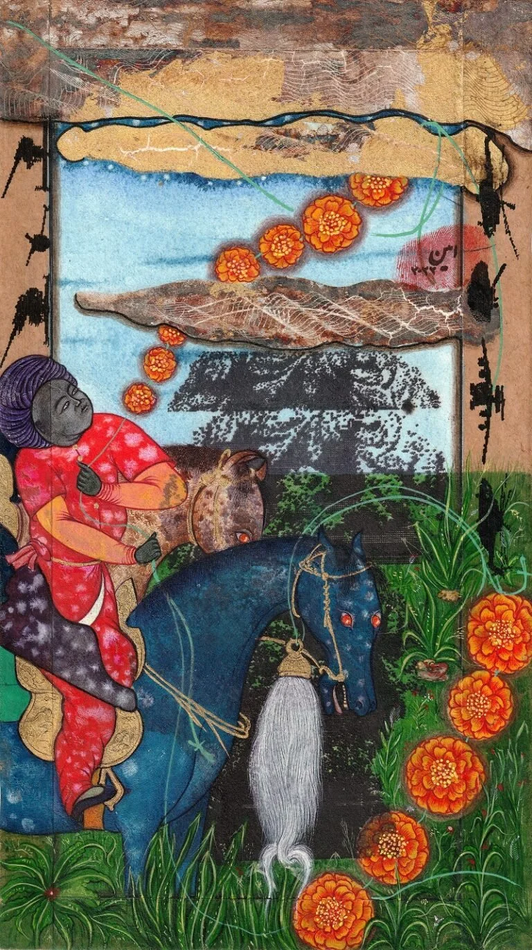 A colorful mural depicting a person riding a blue horse surrounded by orange flowers and greenery, with a background featuring clouds and a tree silhouette.