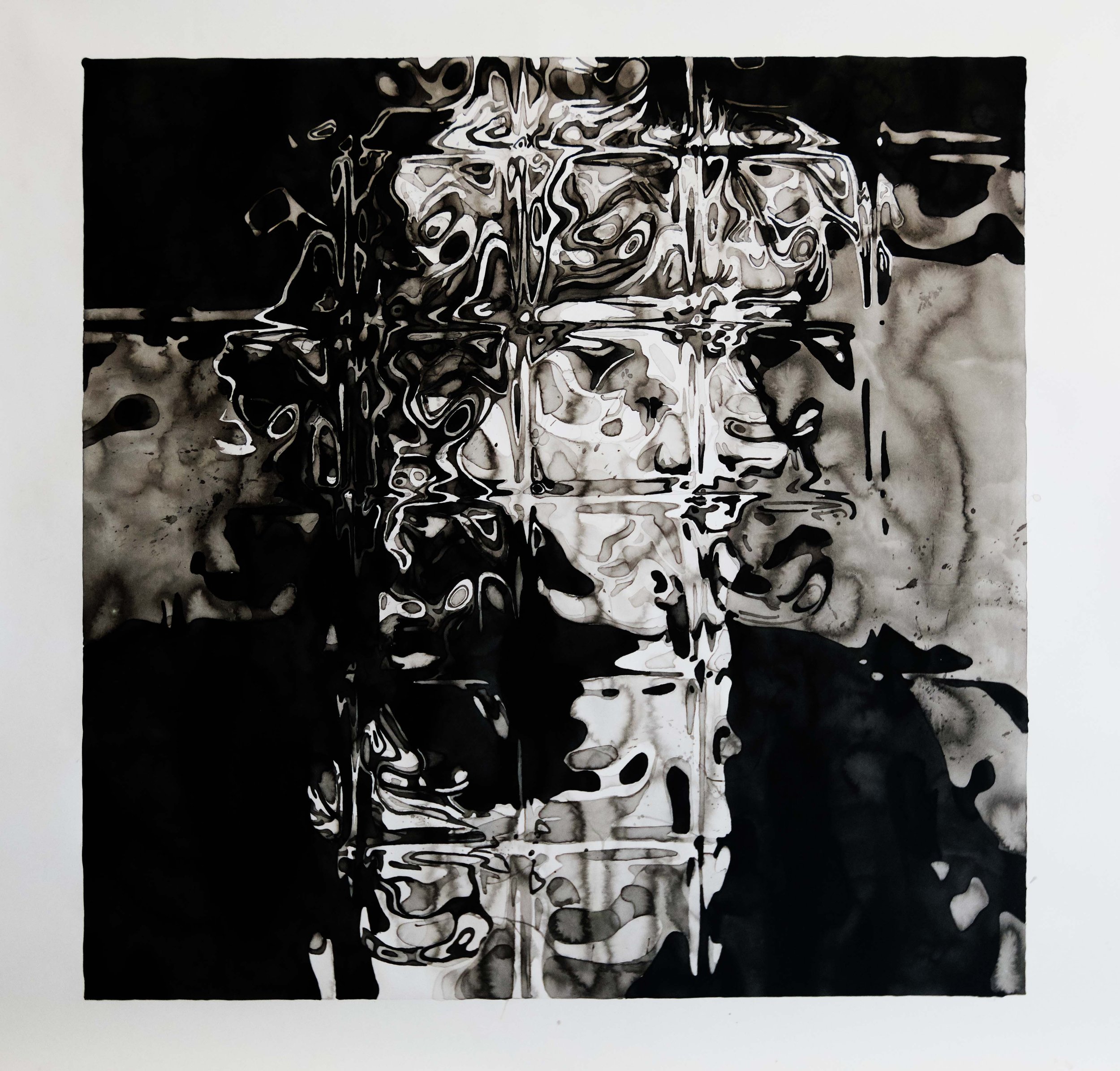 Abstract black and white artwork with swirling patterns and a reflection of the artwork below it.