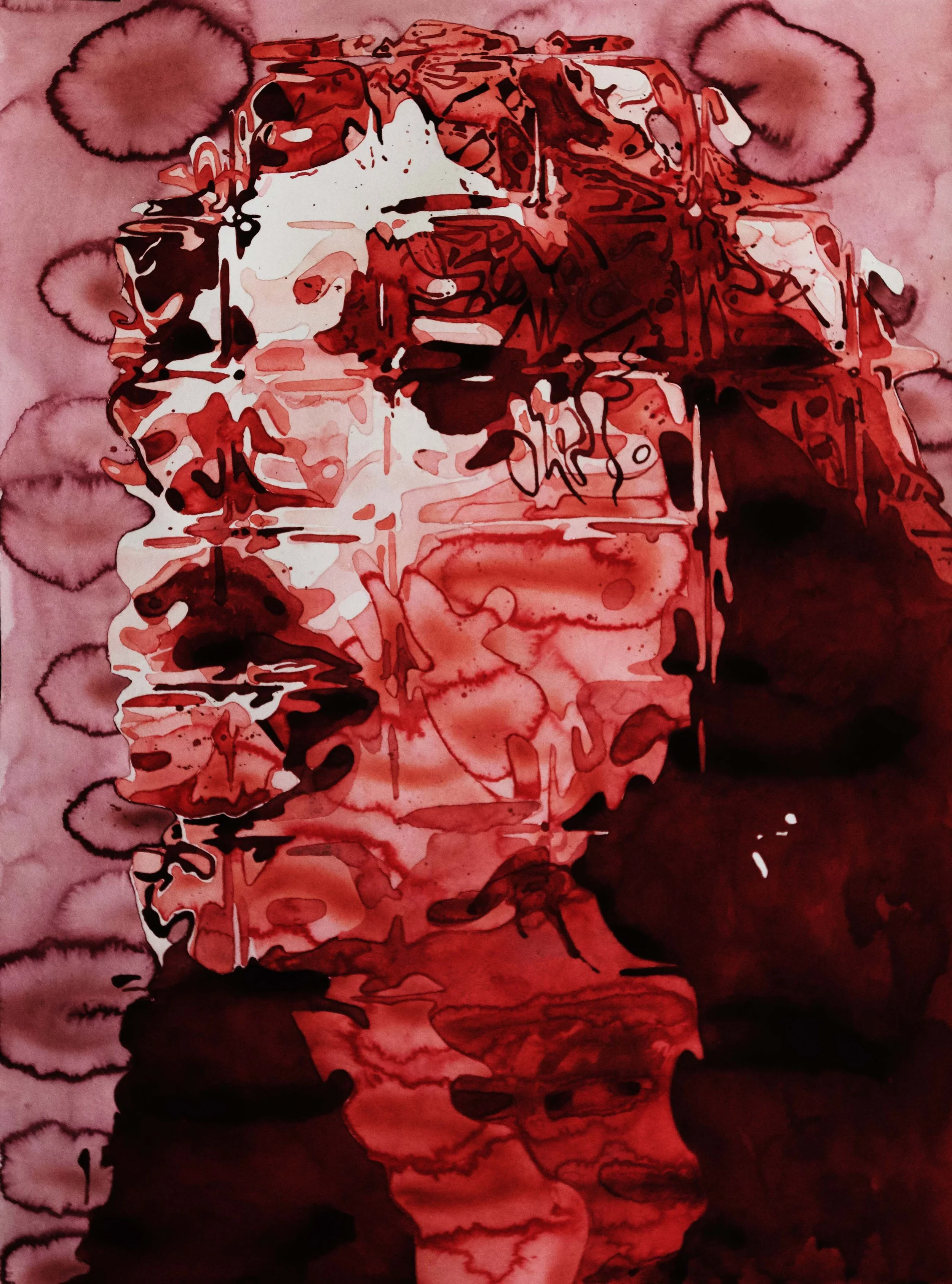 An abstract watercolor painting with red, black, and pink hues, featuring organic shapes and flowing lines.
