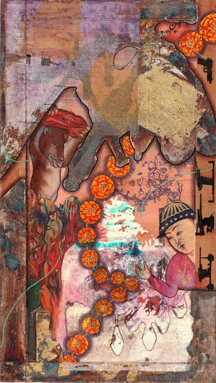 A mural depicting traditional Asian art with a young child holding a string of orange marigold flowers, surrounded by colorful abstract and natural elements, including a mountain and a horse.