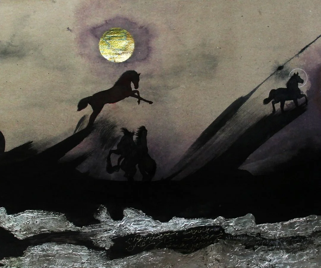 Silhouette of three horses on a hill under a full moon with a cloudy sky and water in the foreground.