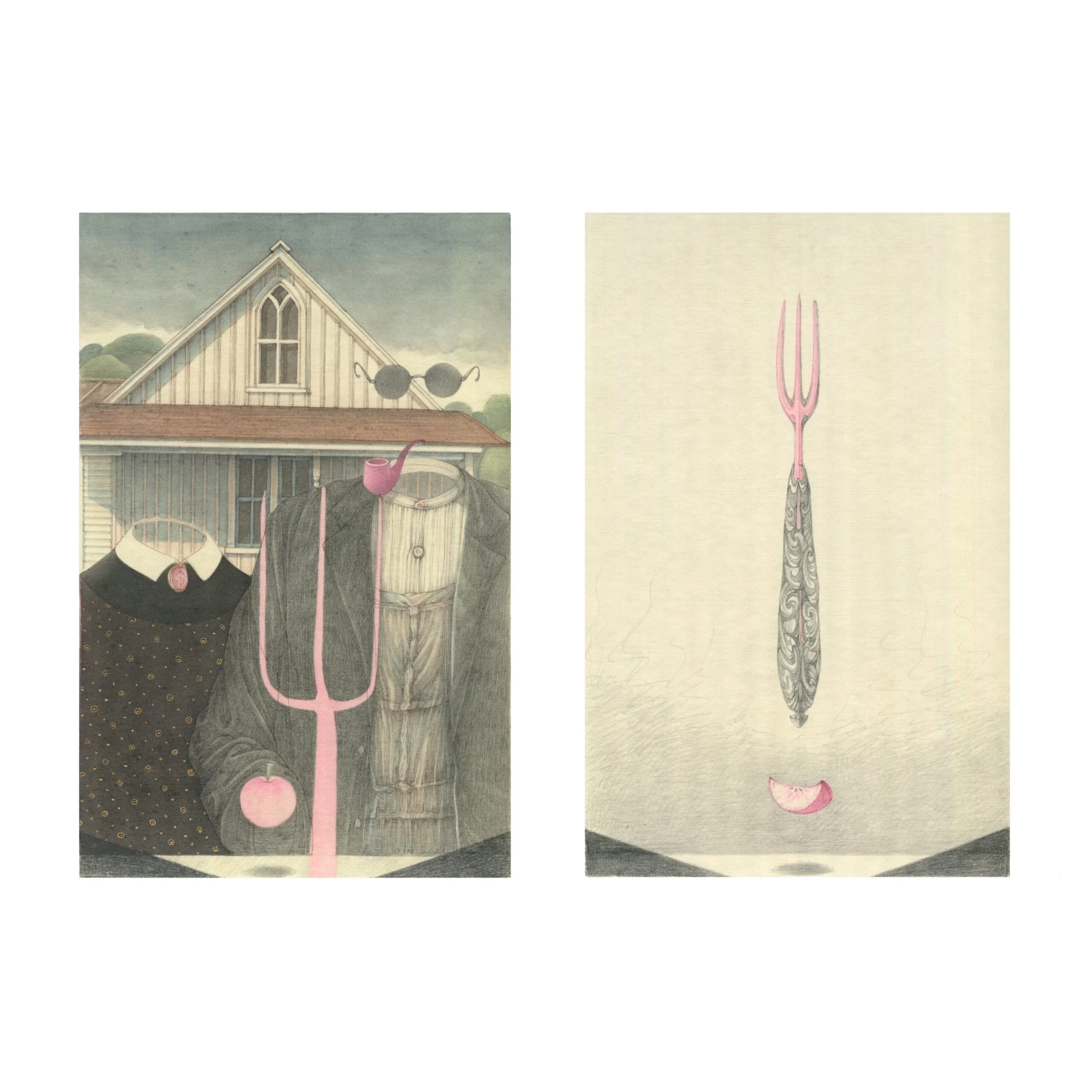  The Last Gothic 
 Colour pigment &amp; pencil on silk 
 71 x 55 cm (two panels), 2021 