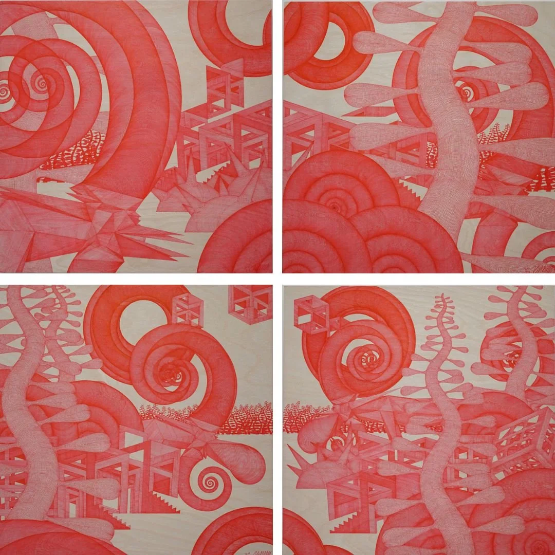  Anxiety Dream #139, #140, #141, #142 
 Pen on birchwood panel 
 2023 