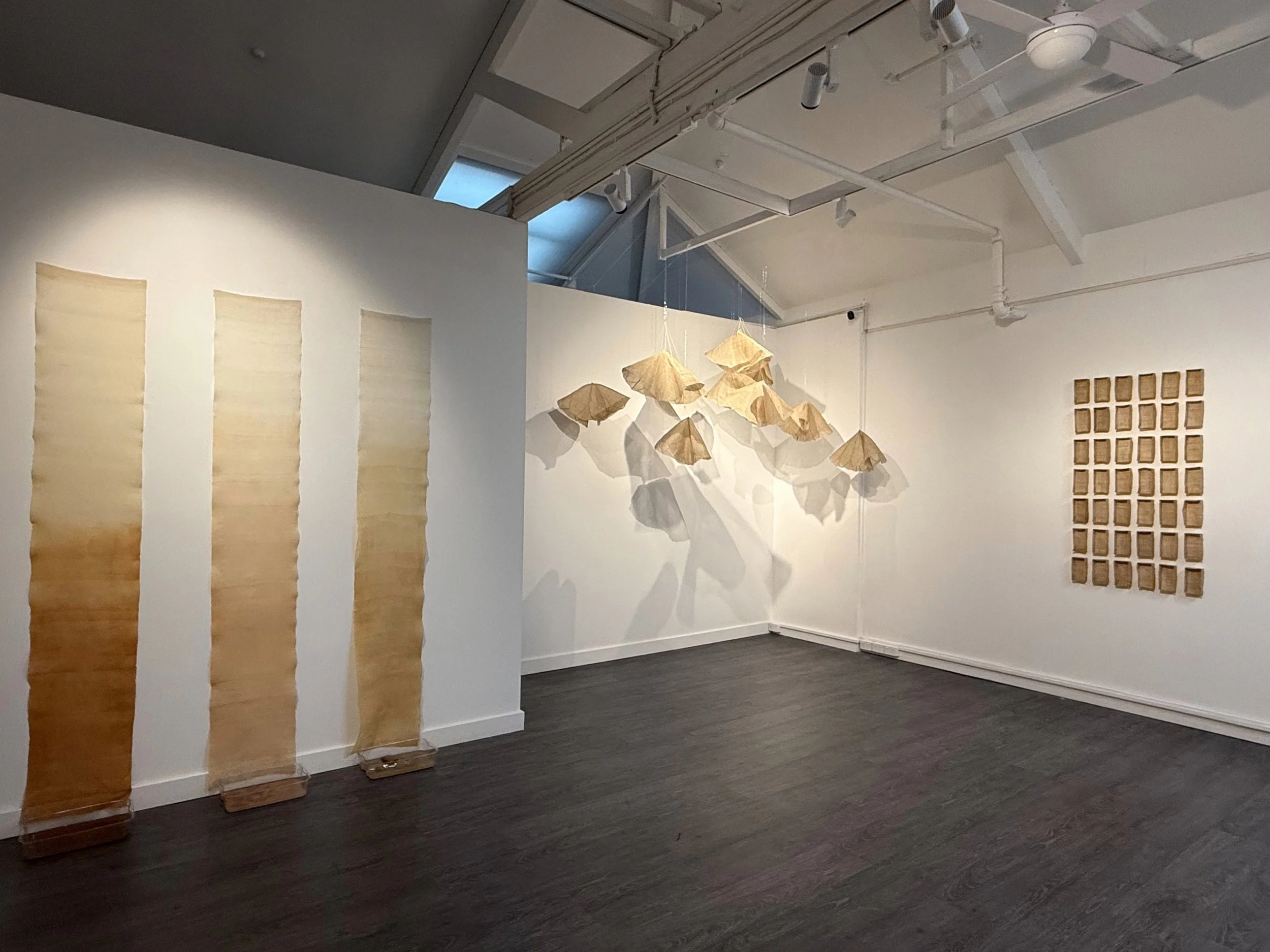 Art gallery with beige painted panels on white walls, hanging paper or fabric sculpture resembling umbrellas, and small wooden squares on the wall.